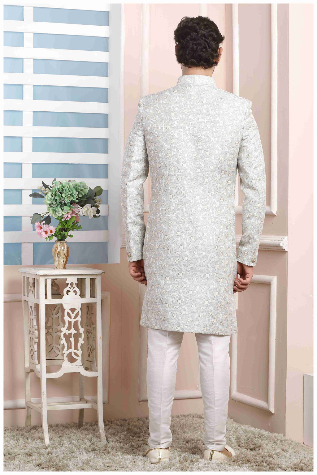 Raivat Ethnic Jacquard Silk Thread Work Indo Western In Grey Colour