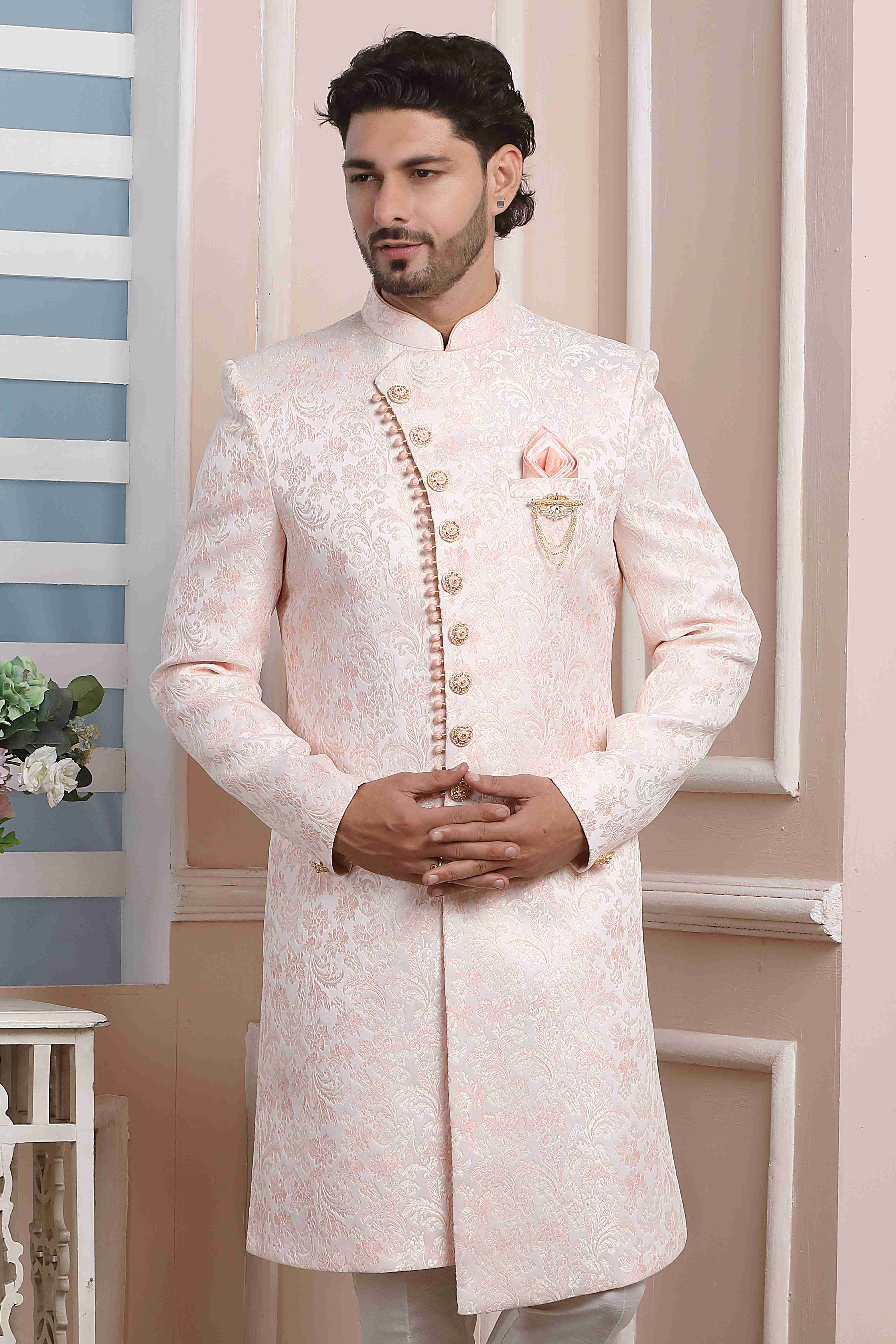 Raivat Ethnic Jacquard Silk Thread Work Indo Western In Pink Colour