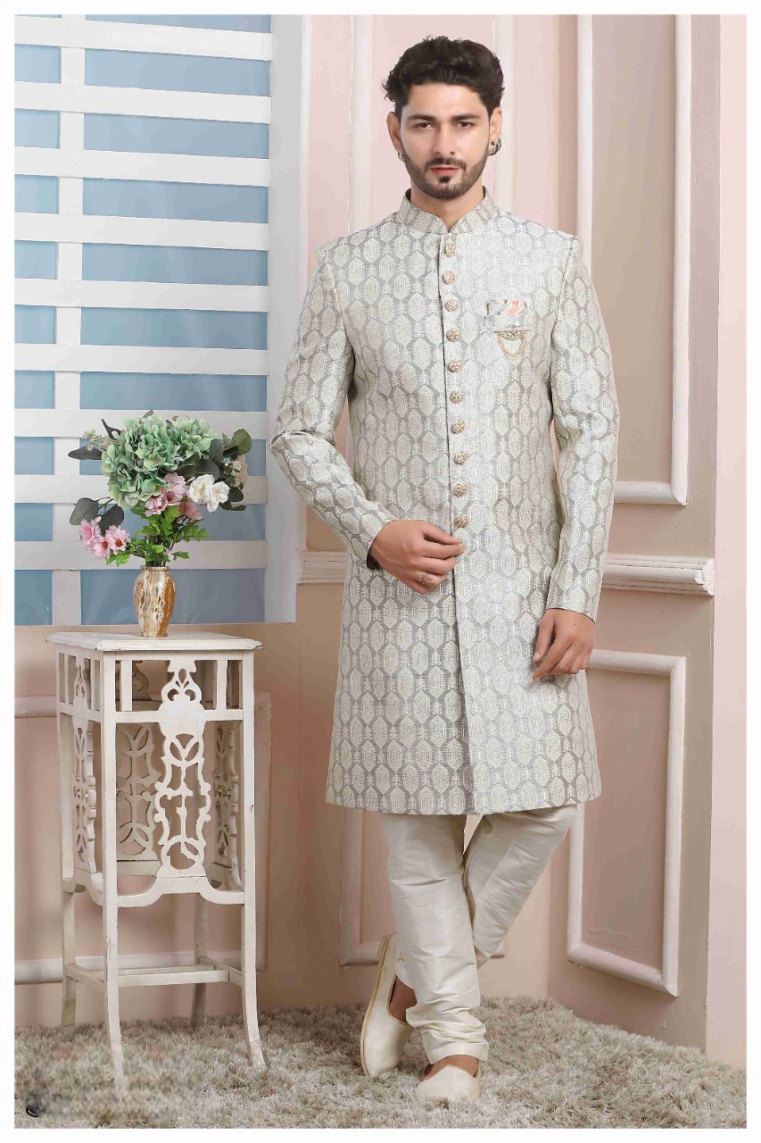 Raivat Ethnic Jacquard Silk Thread Work Indo Western In Grey Colour