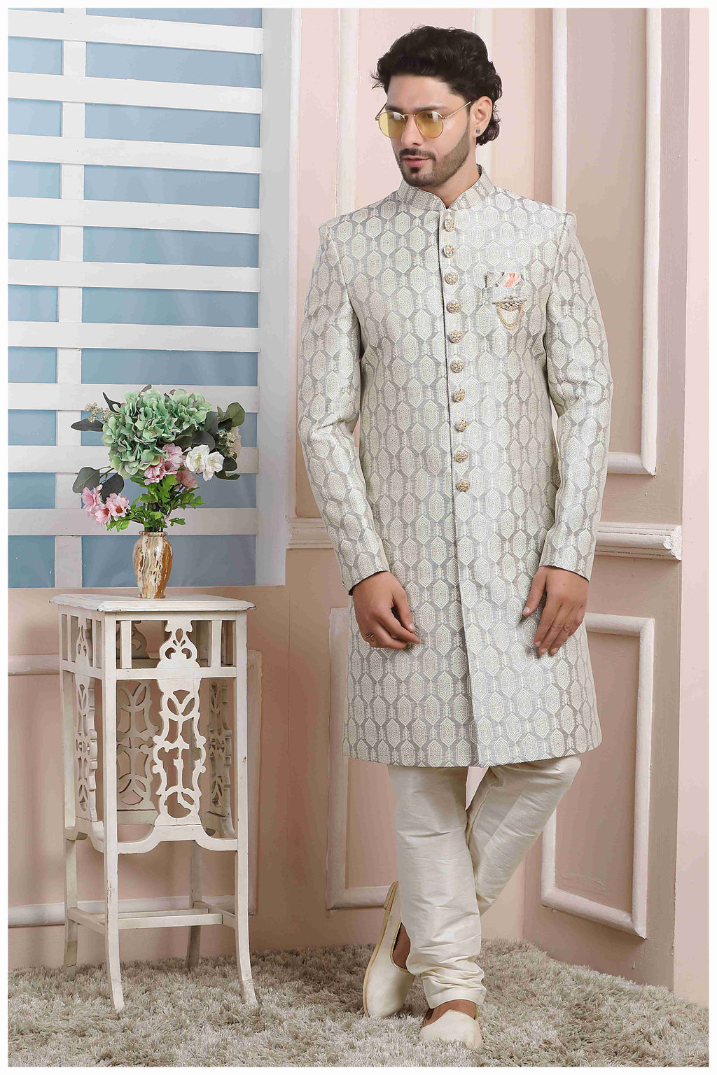 Raivat Ethnic Jacquard Silk Thread Work Indo Western In Grey Colour