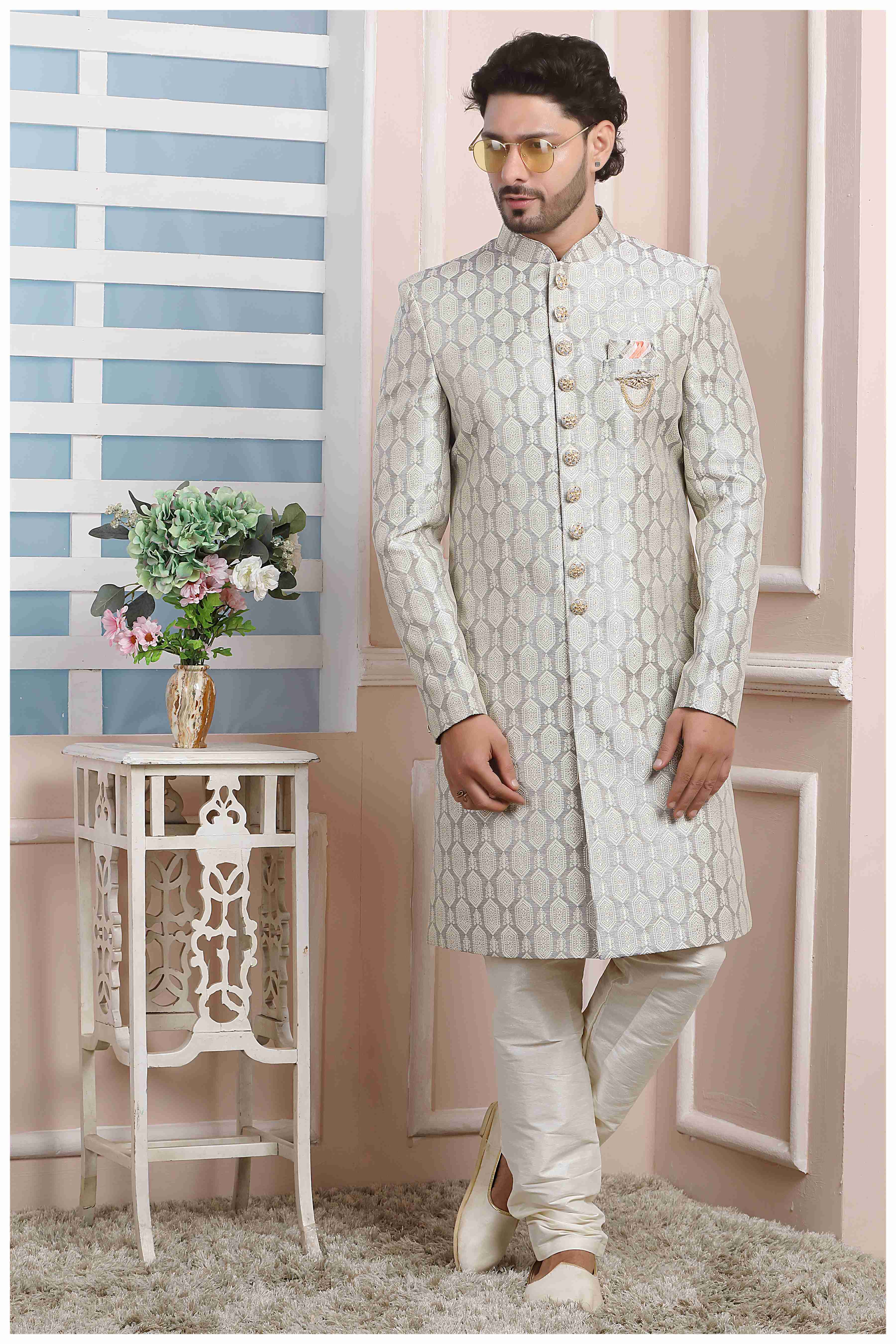 Raivat Ethnic Jacquard Silk Thread Work Indo Western In Grey Colour