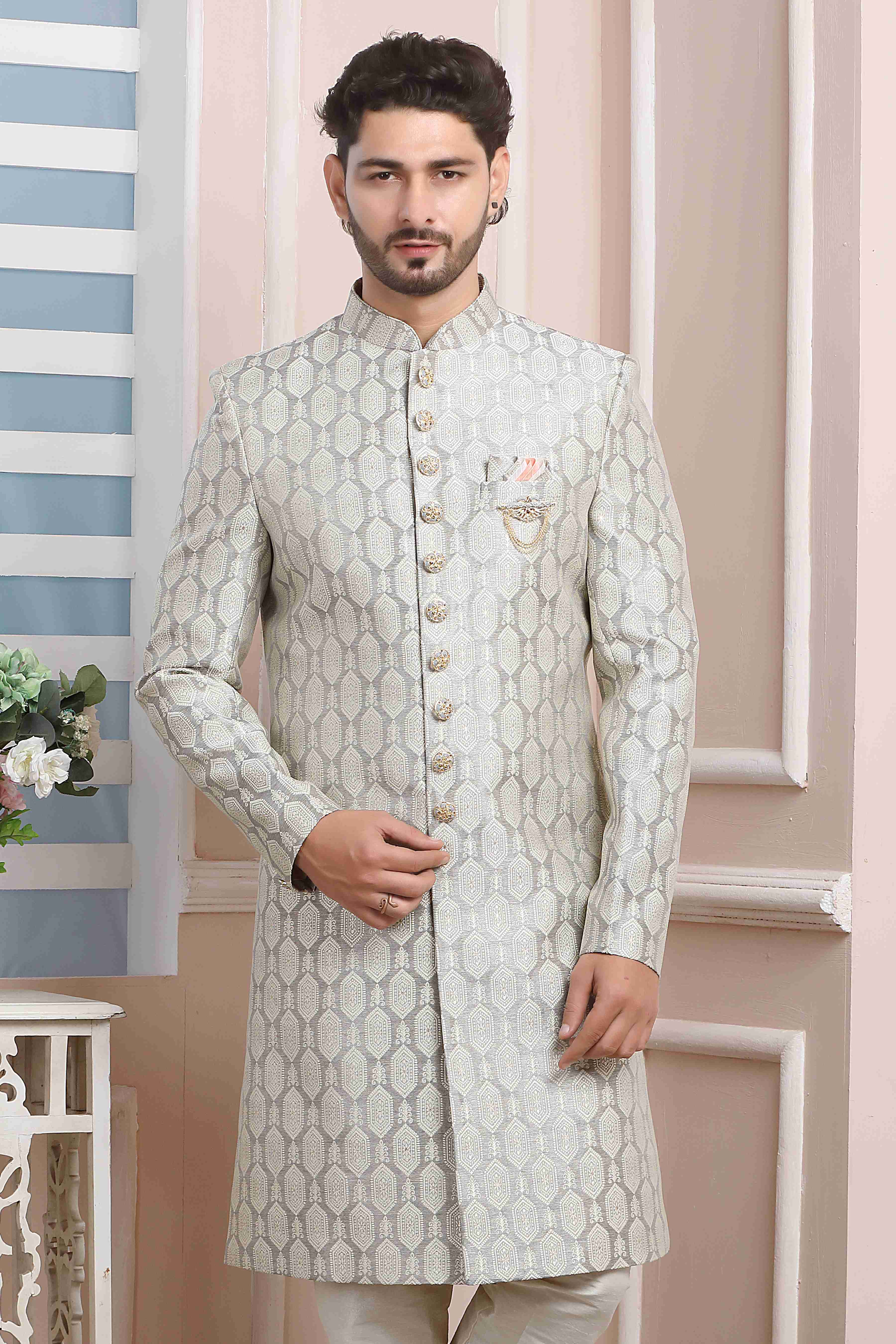 Raivat Ethnic Jacquard Silk Thread Work Indo Western In Grey Colour