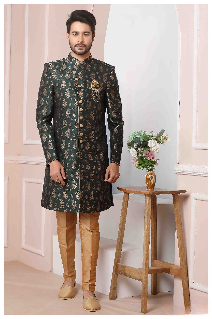 Raivat Ethnic Jacquard Silk Thread Work Indo Western In Green Colour