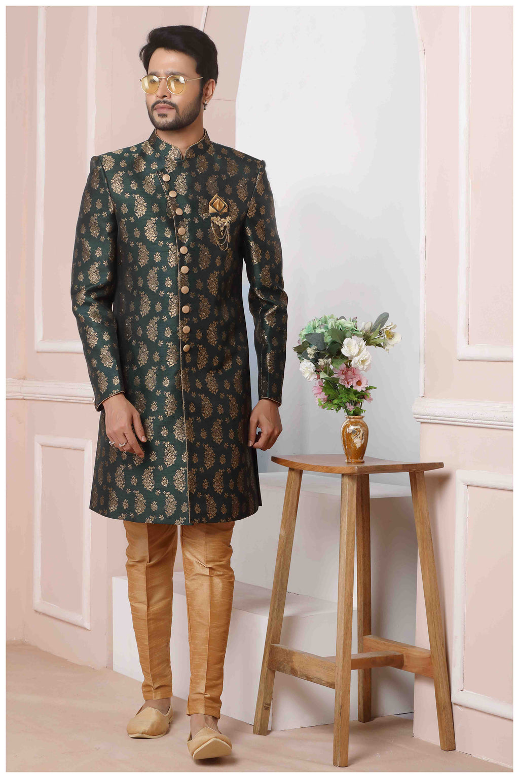 Raivat Ethnic Jacquard Silk Thread Work Indo Western In Green Colour