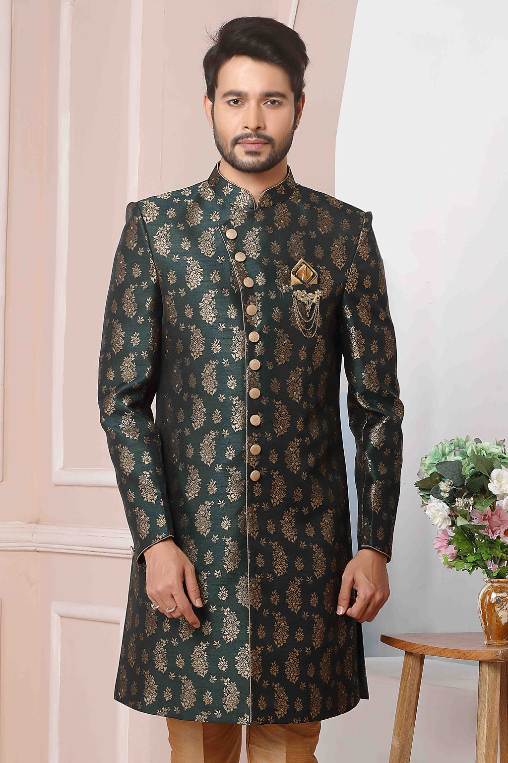Raivat Ethnic Jacquard Silk Thread Work Indo Western In Green Colour