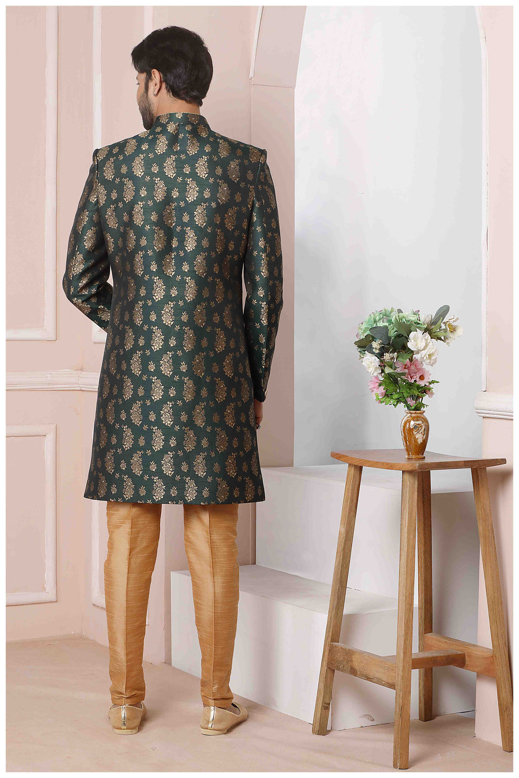 Raivat Ethnic Jacquard Silk Thread Work Indo Western In Green Colour