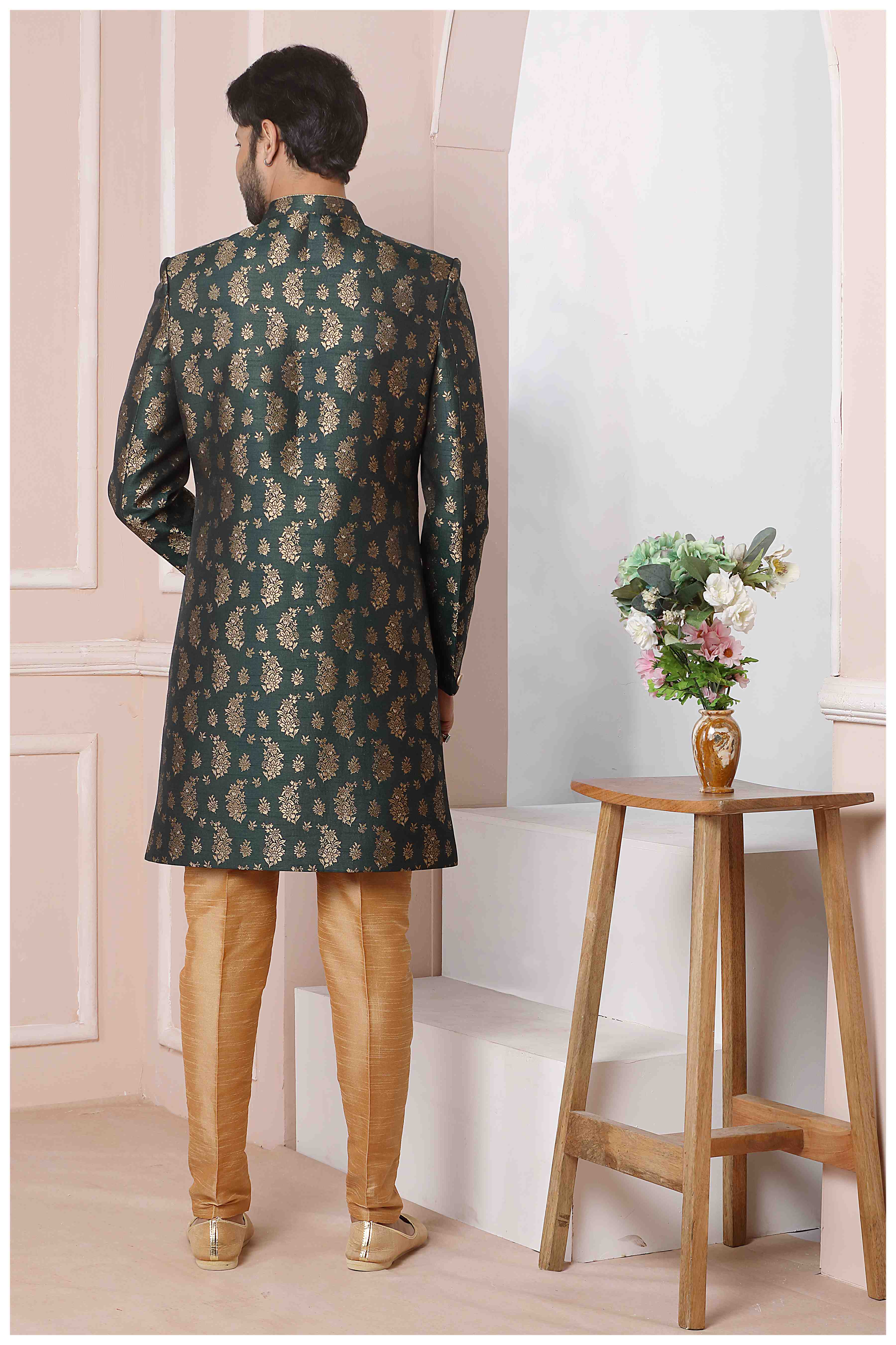 Raivat Ethnic Jacquard Silk Thread Work Indo Western In Green Colour