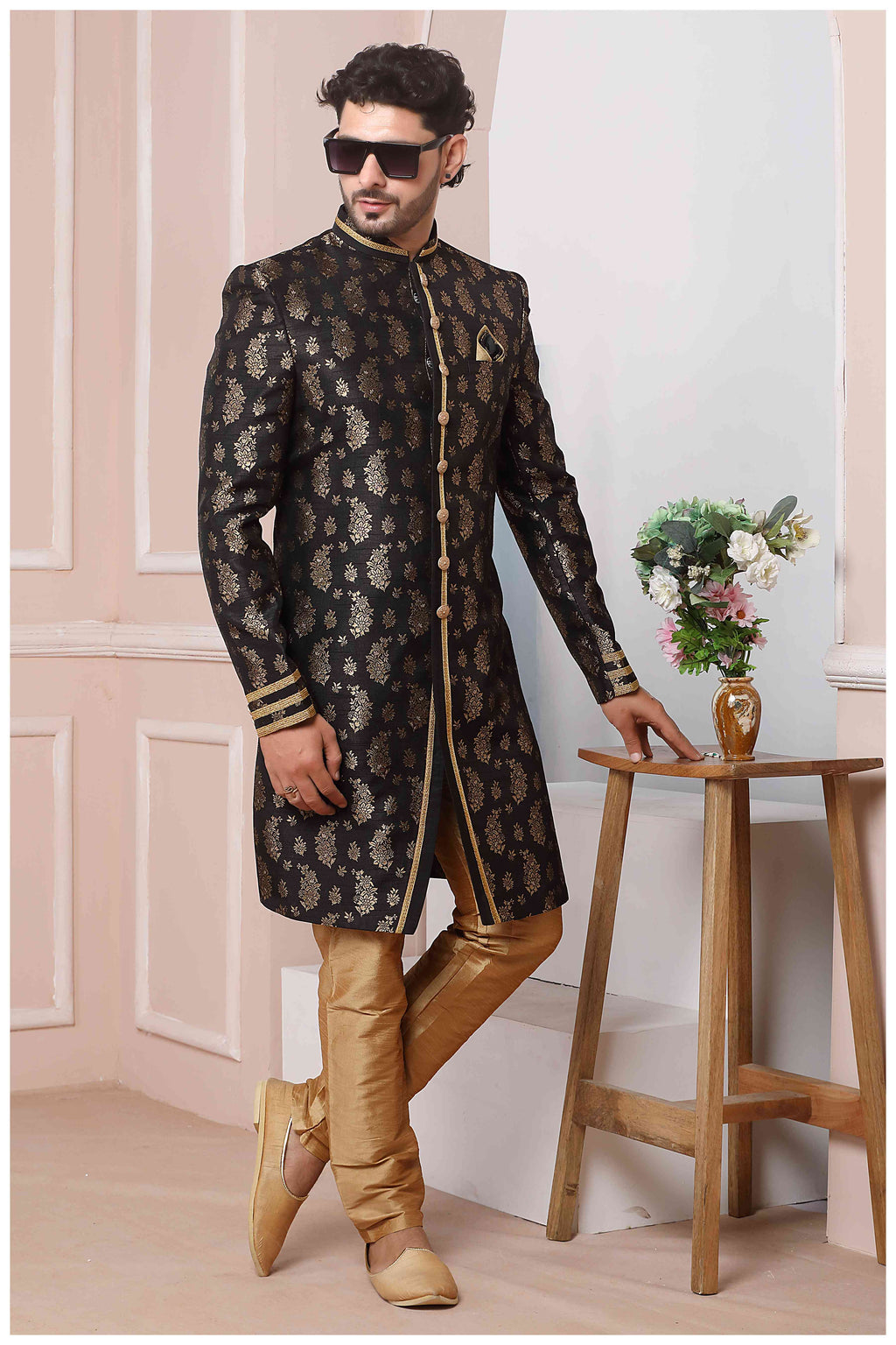 Raivat Ethnic Jacquard Silk Thread Work Indo Western In Black Colour