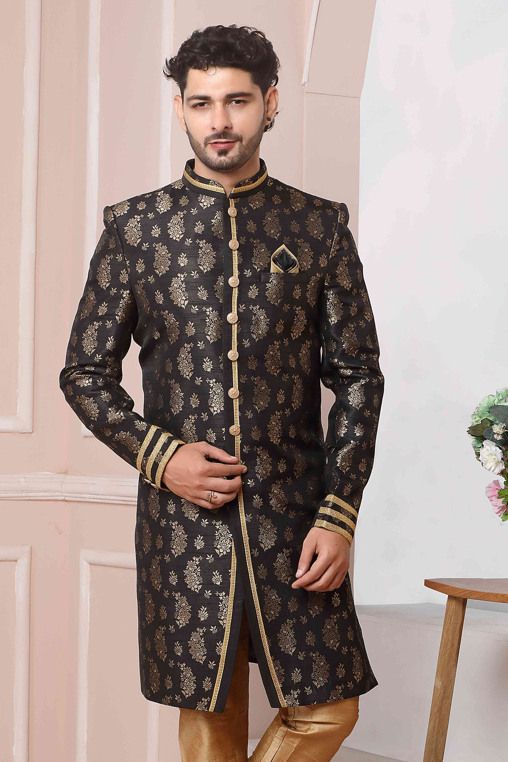 Raivat Ethnic Jacquard Silk Thread Work Indo Western In Black Colour