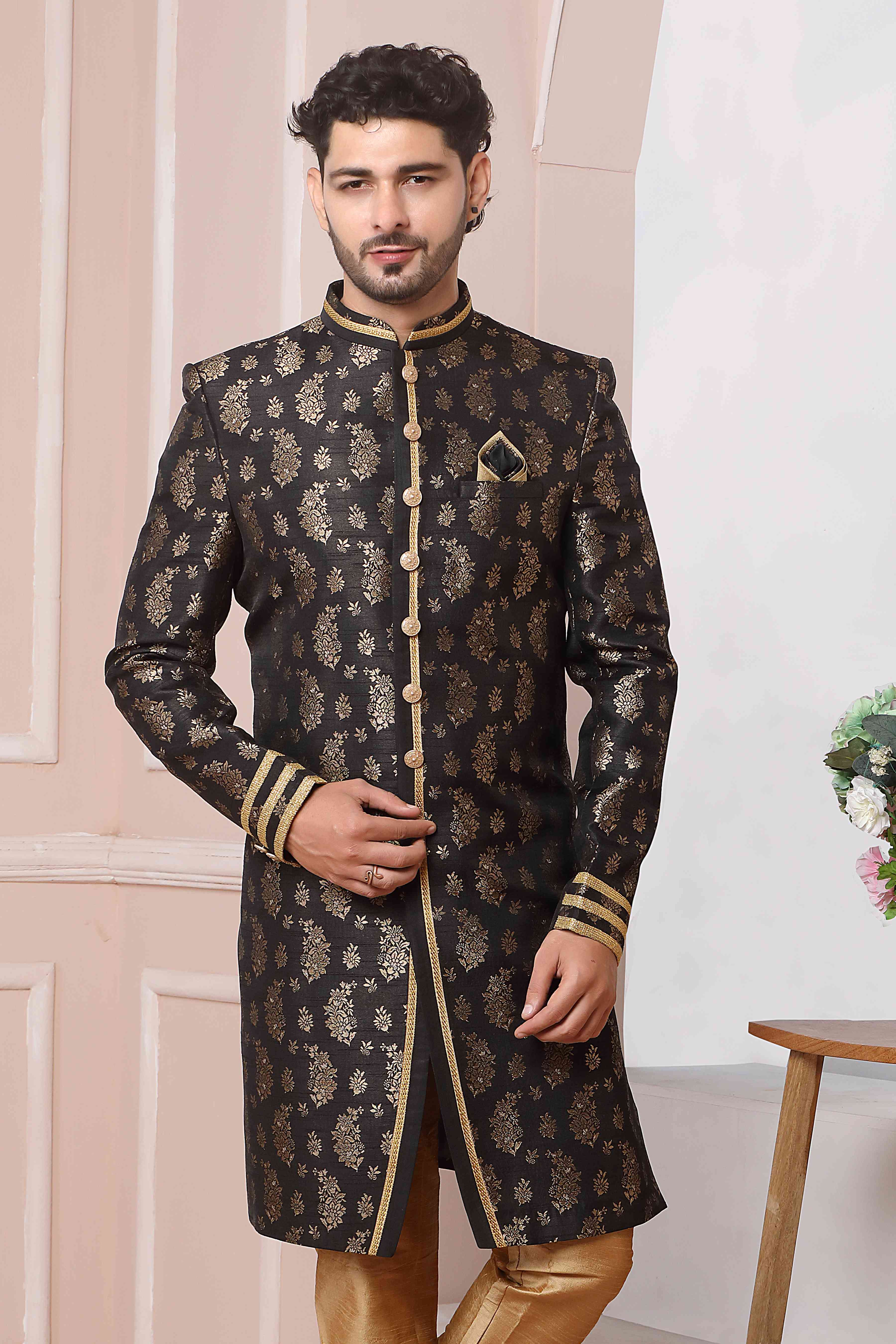 Raivat Ethnic Jacquard Silk Thread Work Indo Western In Black Colour