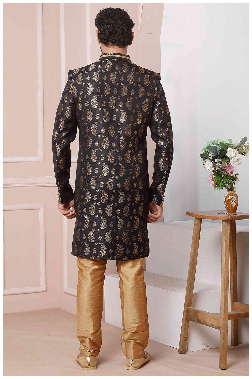 Raivat Ethnic Jacquard Silk Thread Work Indo Western In Black Colour