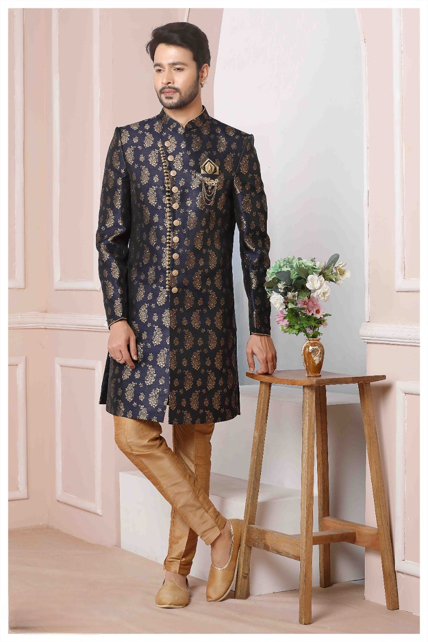 Raivat Ethnic Jacquard Silk Thread Work Indo Western In Blue Colour