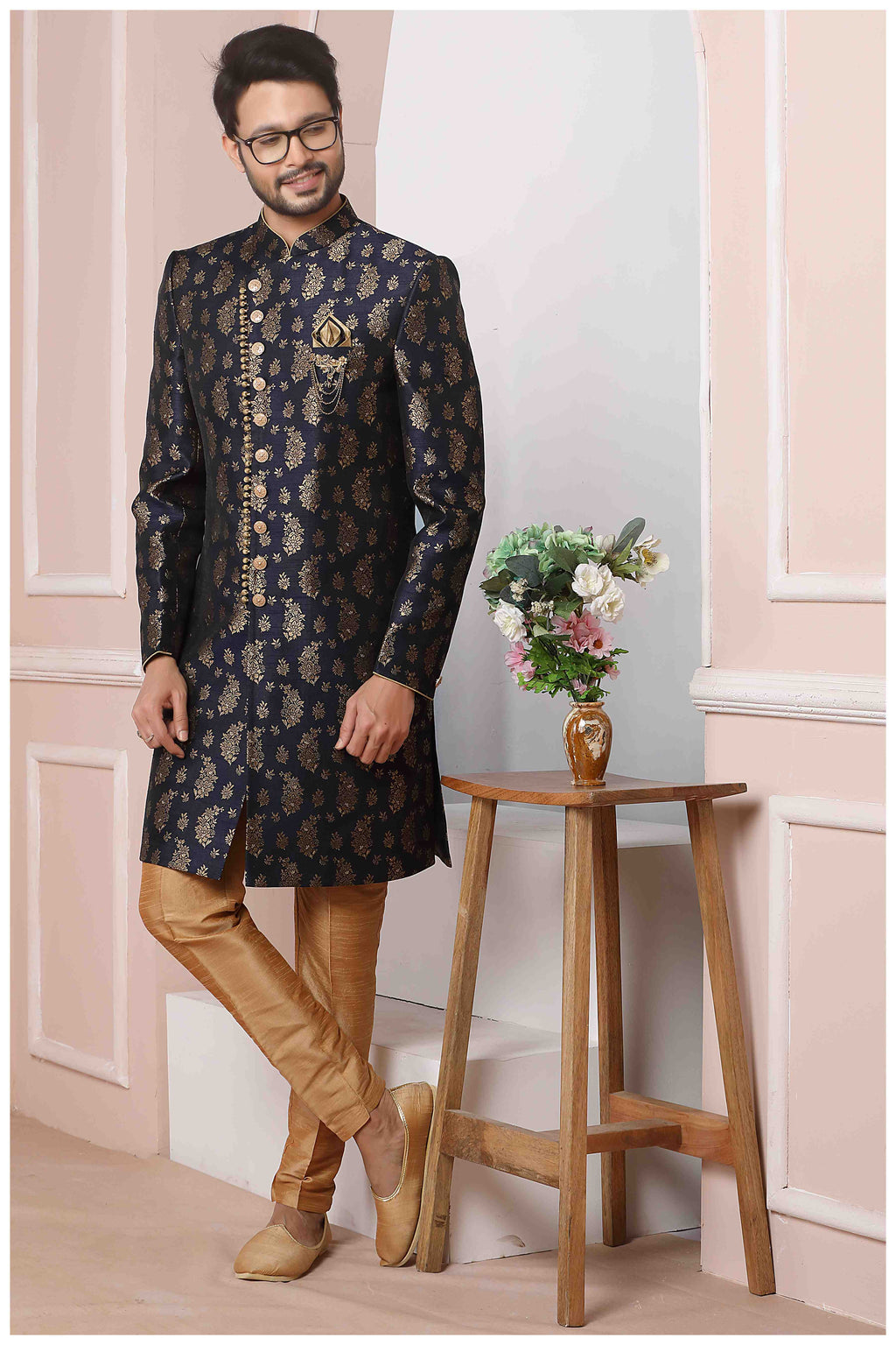 Raivat Ethnic Jacquard Silk Thread Work Indo Western In Blue Colour