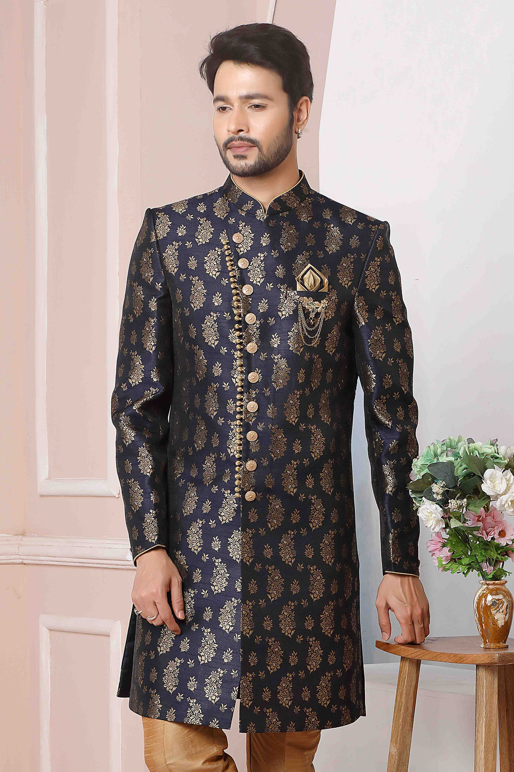 Raivat Ethnic Jacquard Silk Thread Work Indo Western In Blue Colour
