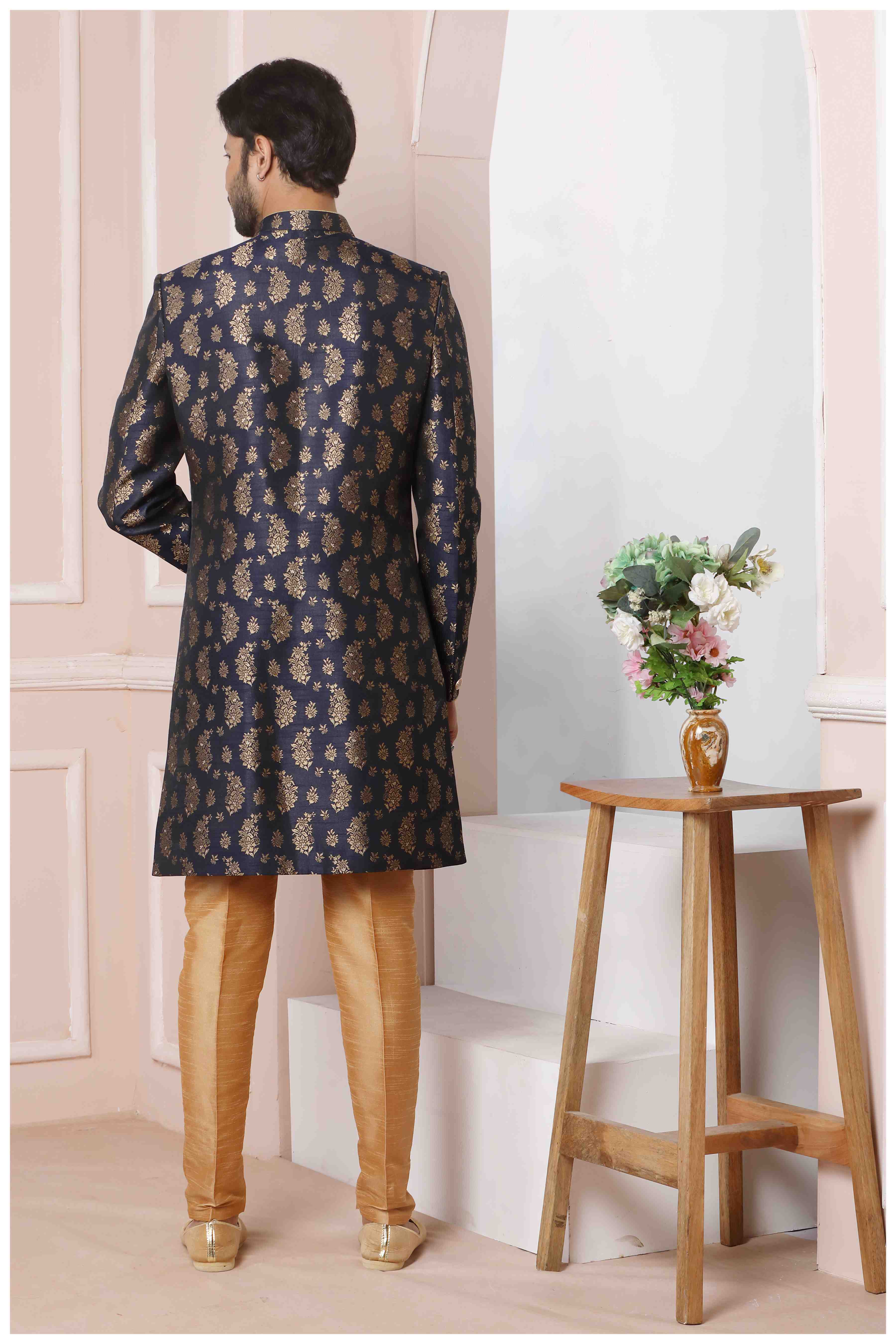 Raivat Ethnic Jacquard Silk Thread Work Indo Western In Blue Colour