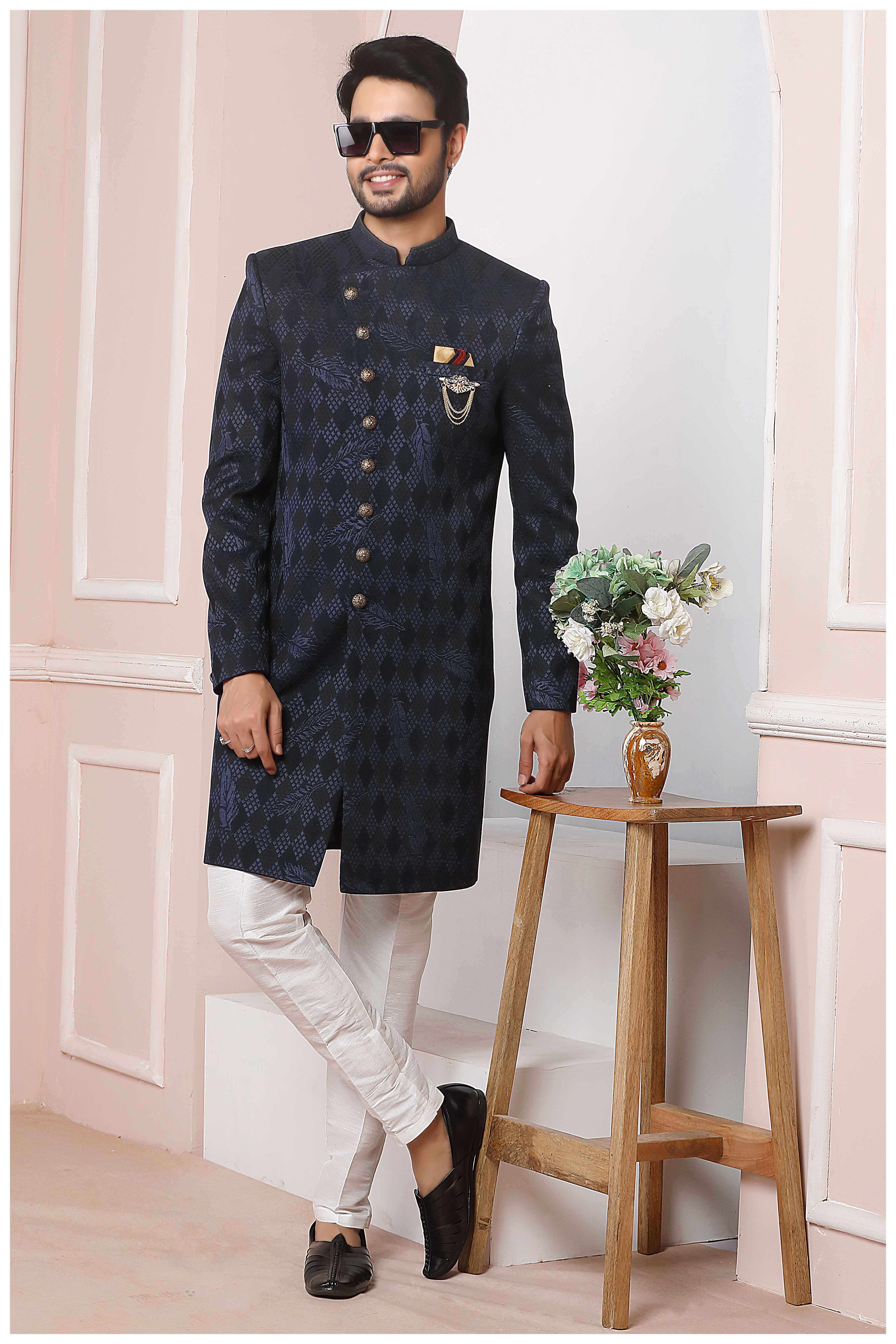 Raivat Ethnic Velvet Jacquard Silk Thread Work Indo Western In Blue Colour