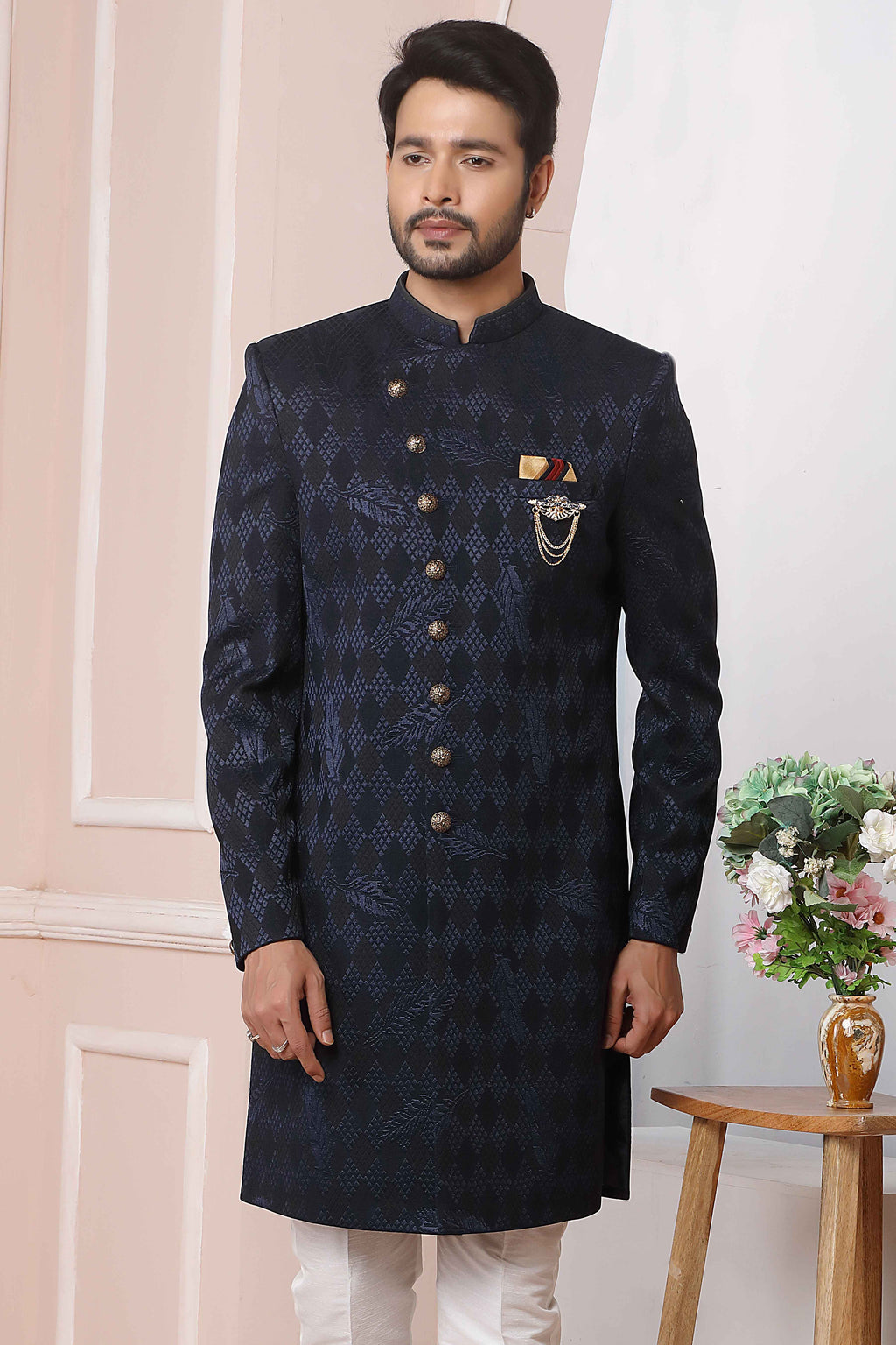 Raivat Ethnic Velvet Jacquard Silk Thread Work Indo Western In Blue Colour