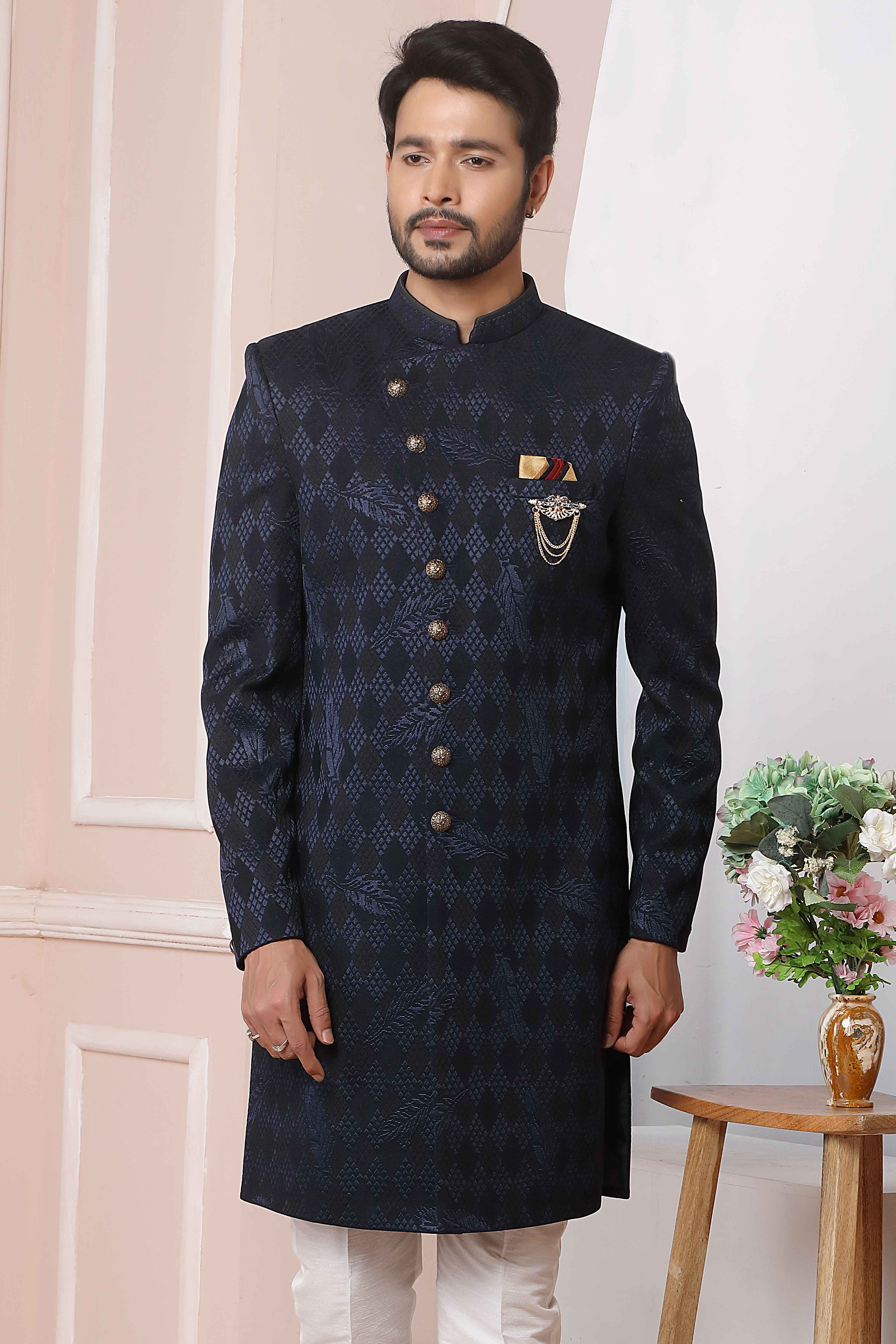 Raivat Ethnic Velvet Jacquard Silk Thread Work Indo Western In Blue Colour