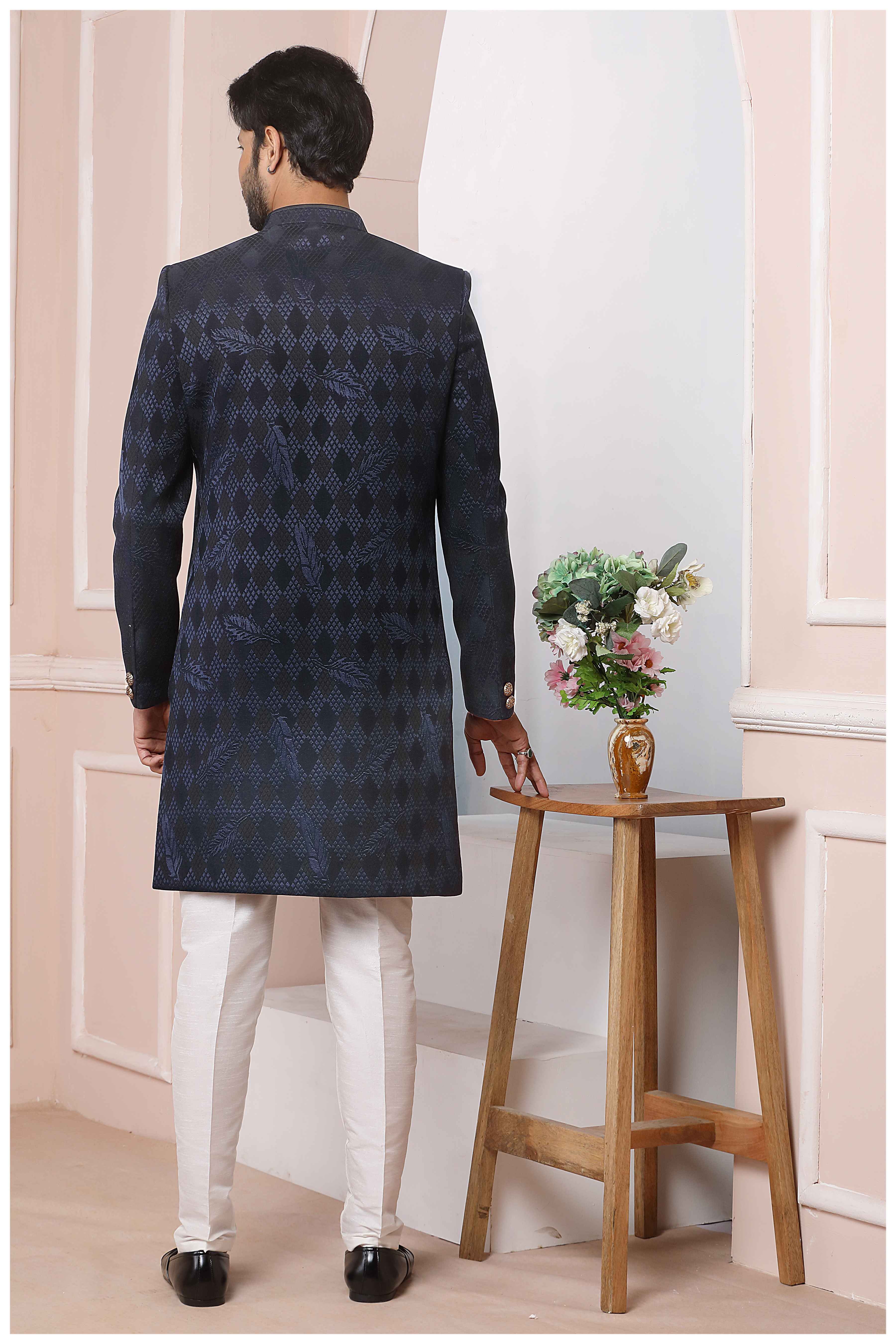 Raivat Ethnic Velvet Jacquard Silk Thread Work Indo Western In Blue Colour