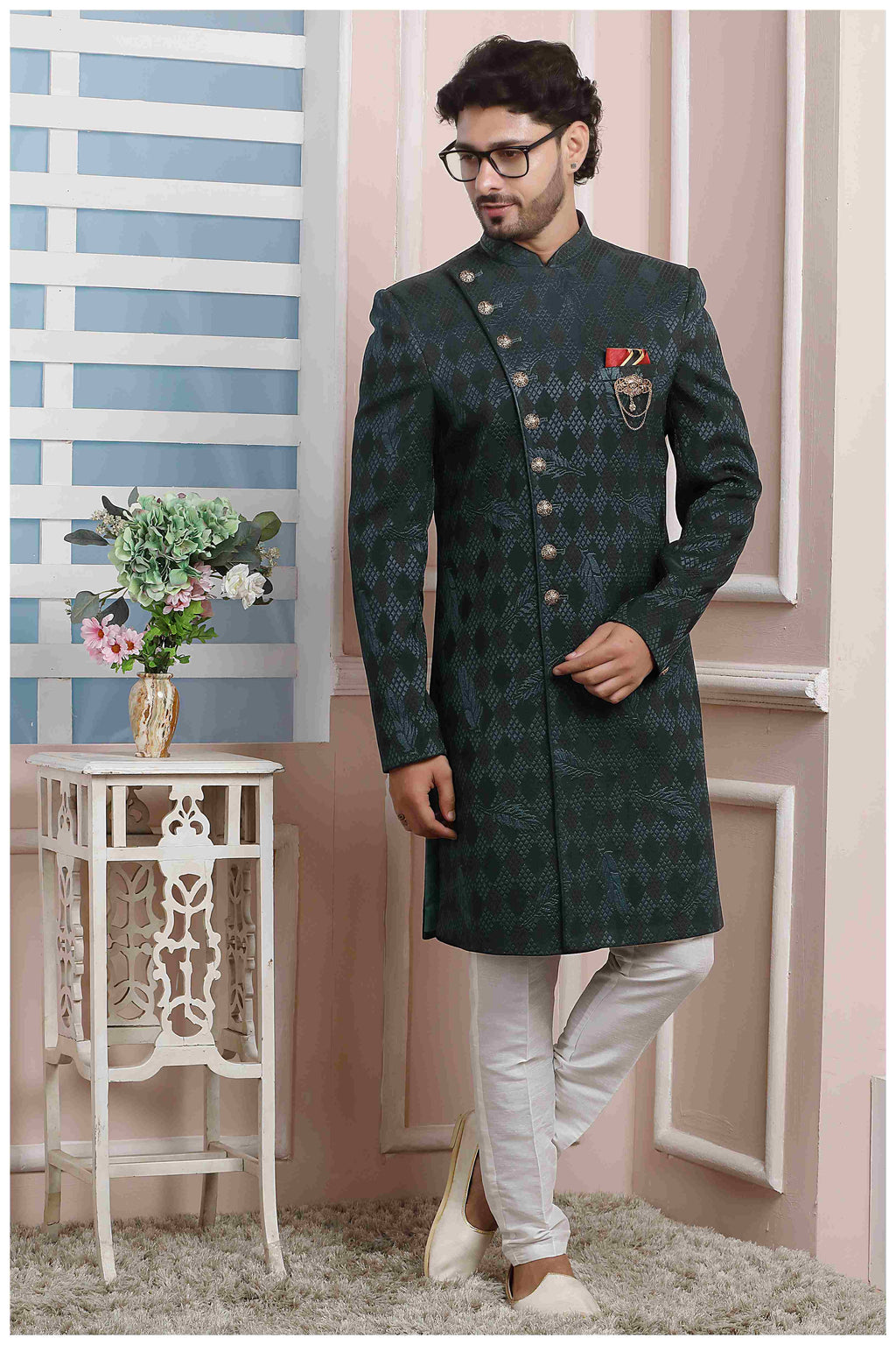 Raivat Ethnic Velvet Jacquard Silk Thread Work Indo Western In Dark Green Colour