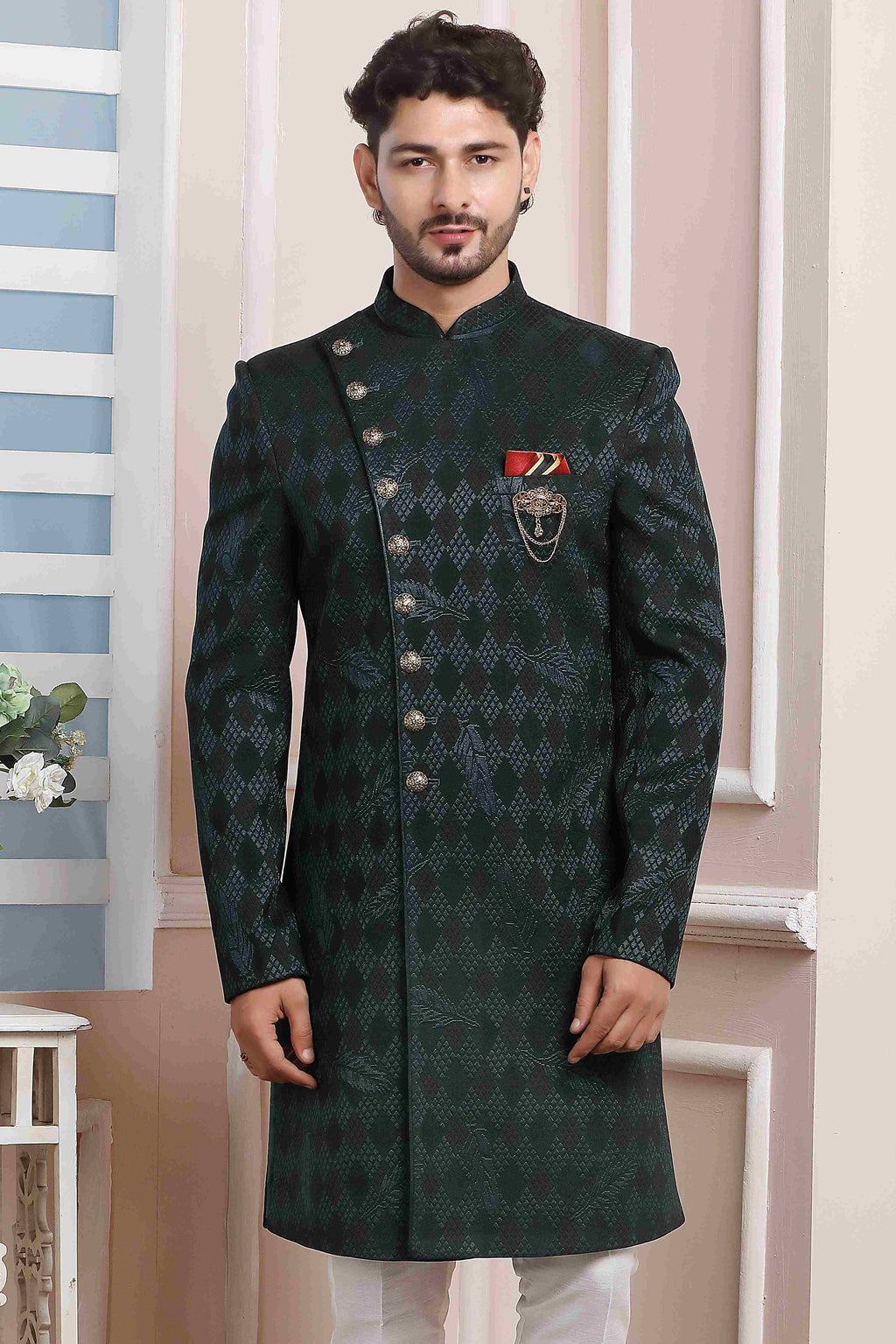 Raivat Ethnic Velvet Jacquard Silk Thread Work Indo Western In Dark Green Colour