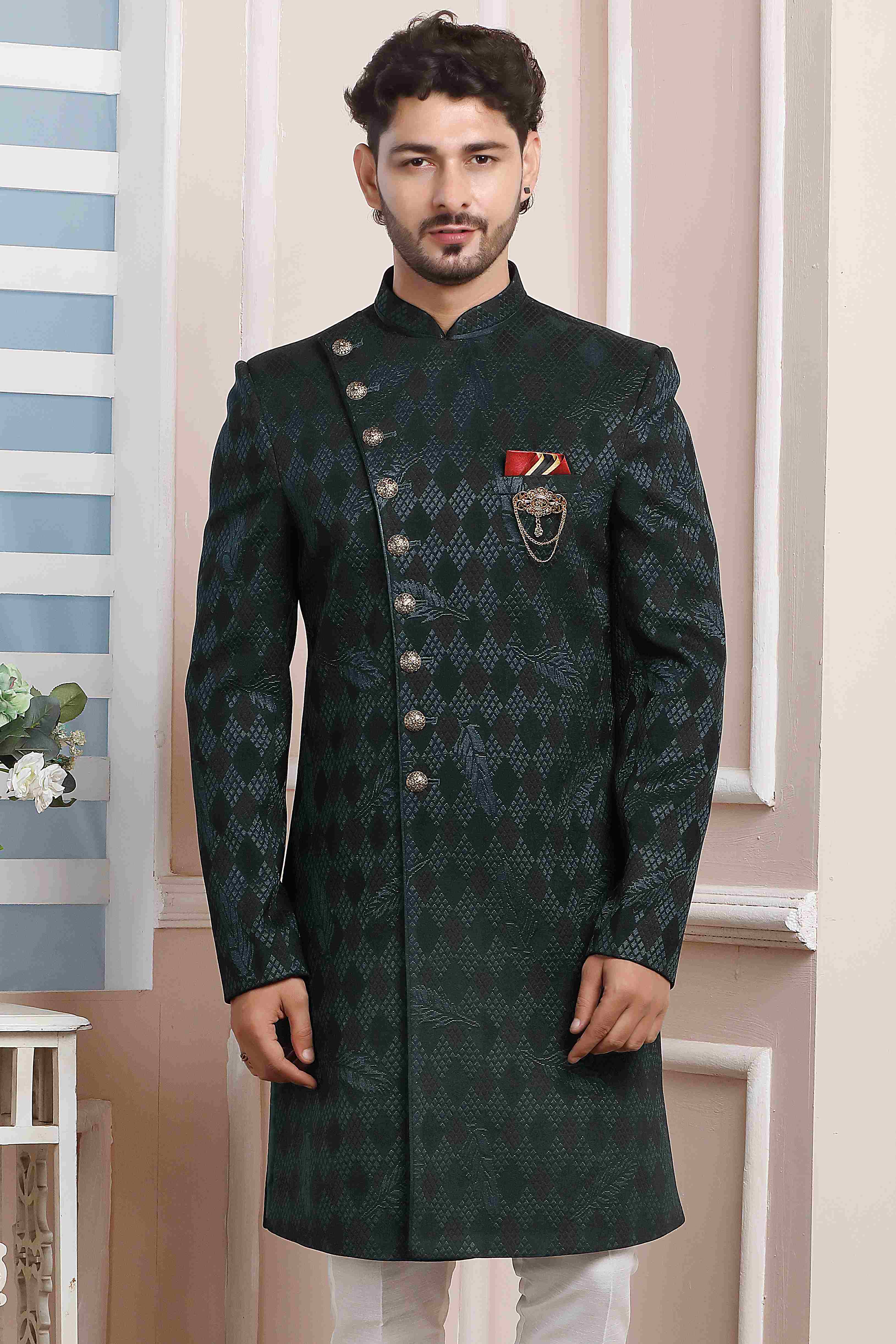 Raivat Ethnic Velvet Jacquard Silk Thread Work Indo Western In Dark Green Colour
