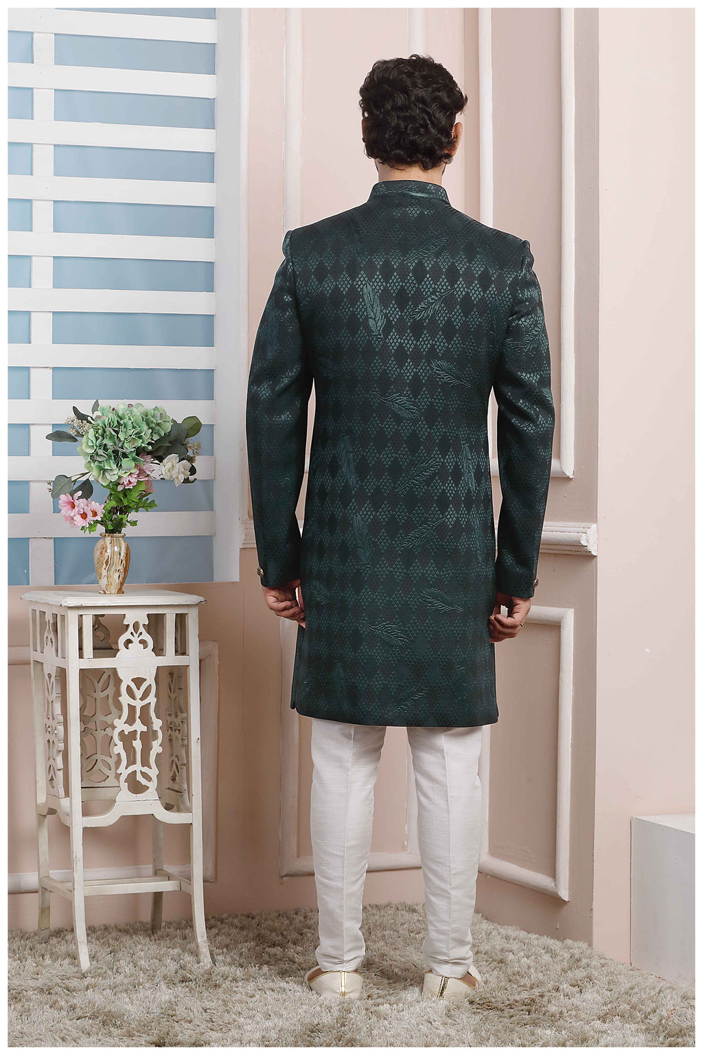 Raivat Ethnic Velvet Jacquard Silk Thread Work Indo Western In Dark Green Colour
