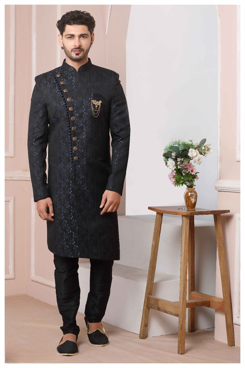 Raivat Ethnic Jacquard Silk Thread Work Indo Western In Navy Blue Colour