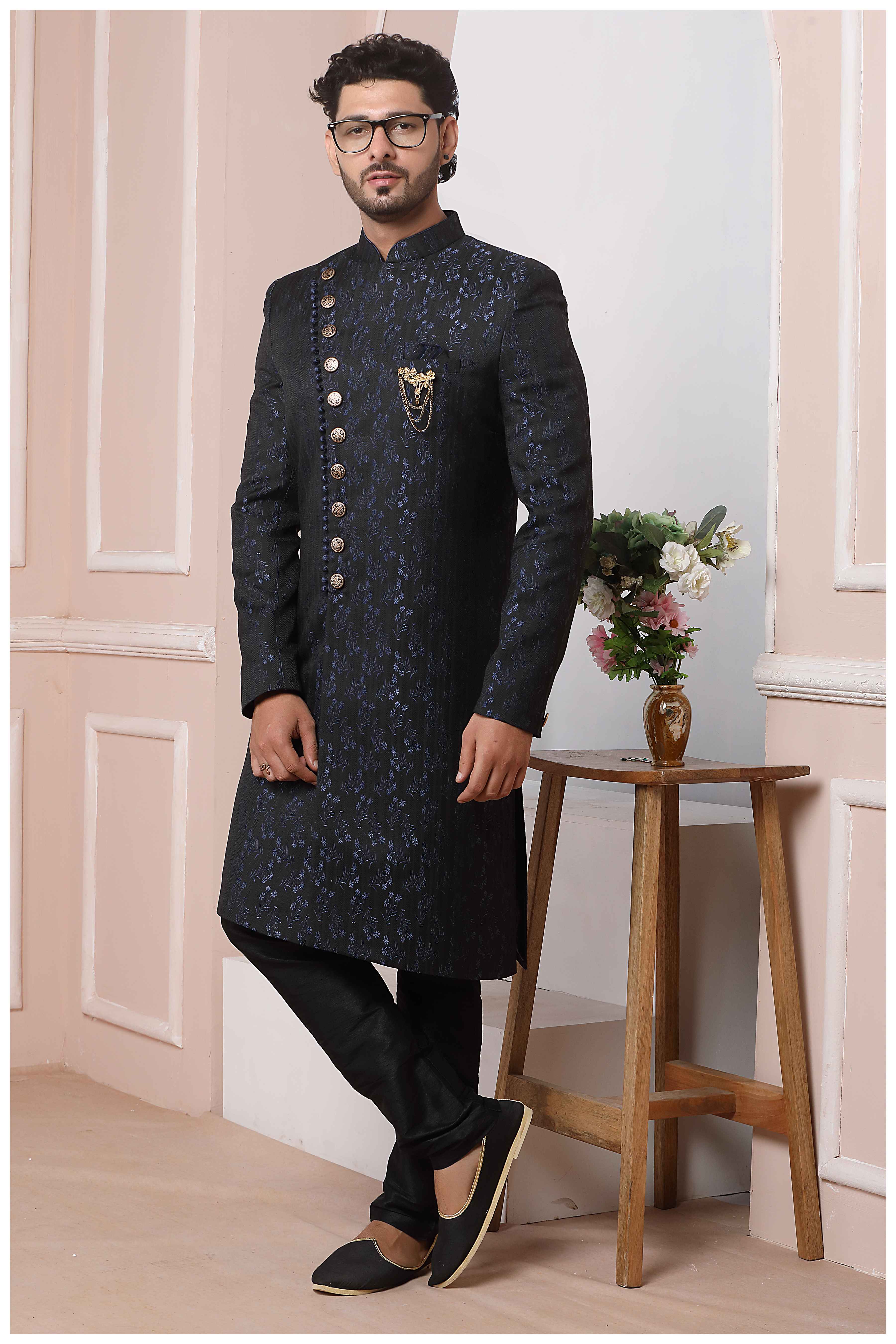 Raivat Ethnic Jacquard Silk Thread Work Indo Western In Navy Blue Colour