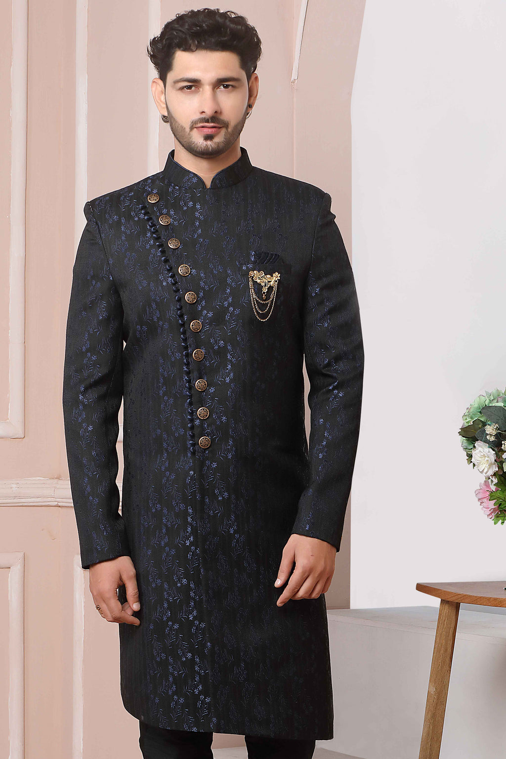 Raivat Ethnic Jacquard Silk Thread Work Indo Western In Navy Blue Colour