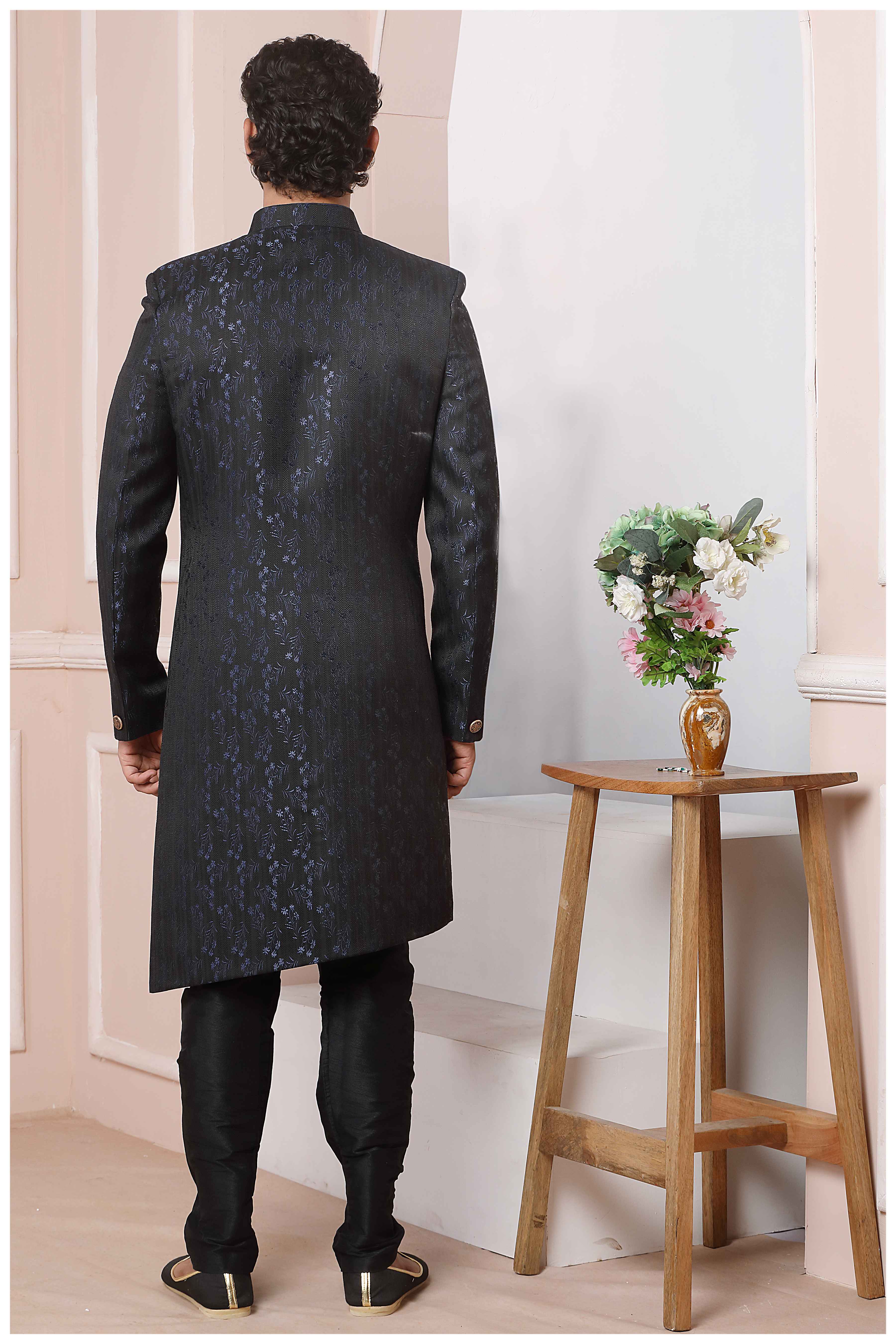 Raivat Ethnic Jacquard Silk Thread Work Indo Western In Navy Blue Colour