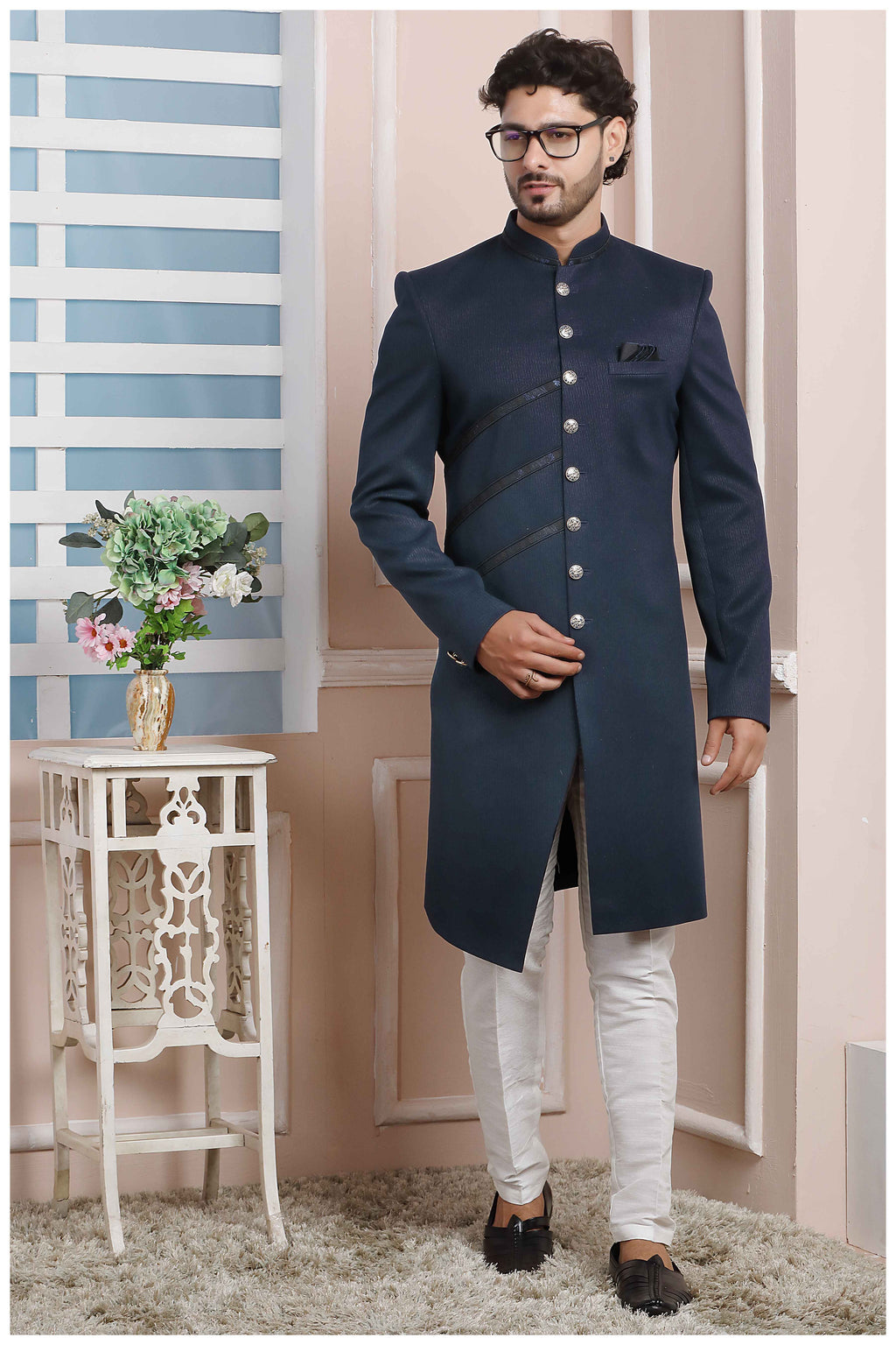Raivat Ethnic Jacquard Silk Thread Work Indo Western In Blue Colour