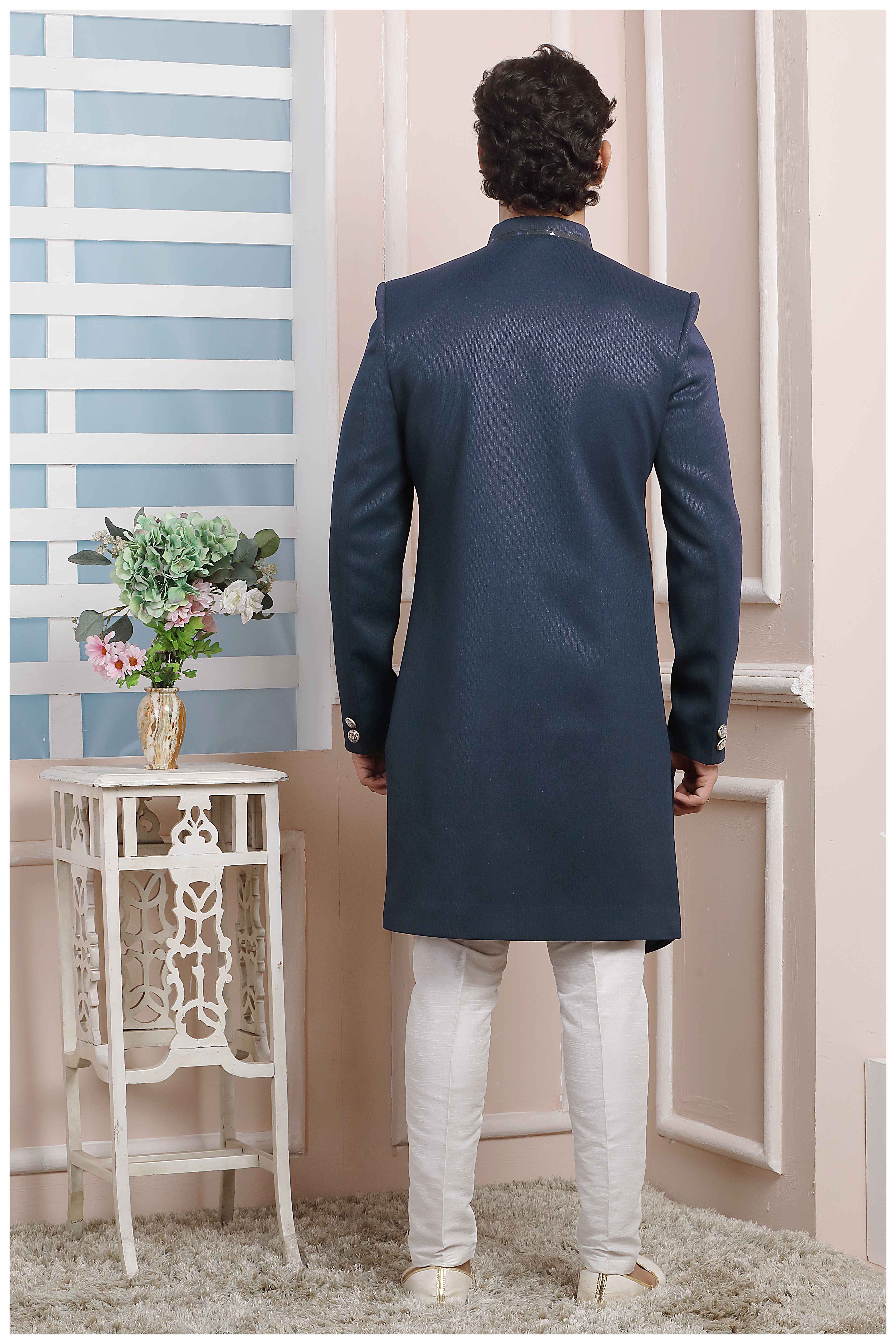 Raivat Ethnic Jacquard Silk Thread Work Indo Western In Blue Colour