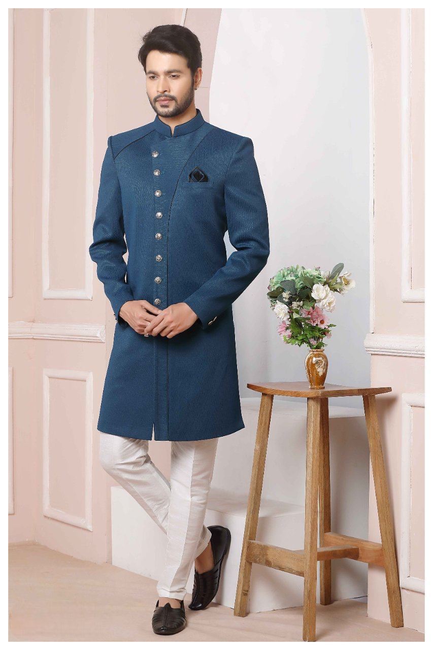 Raivat Ethnic Jacquard Silk Thread Work Indo Western In Blue Colour