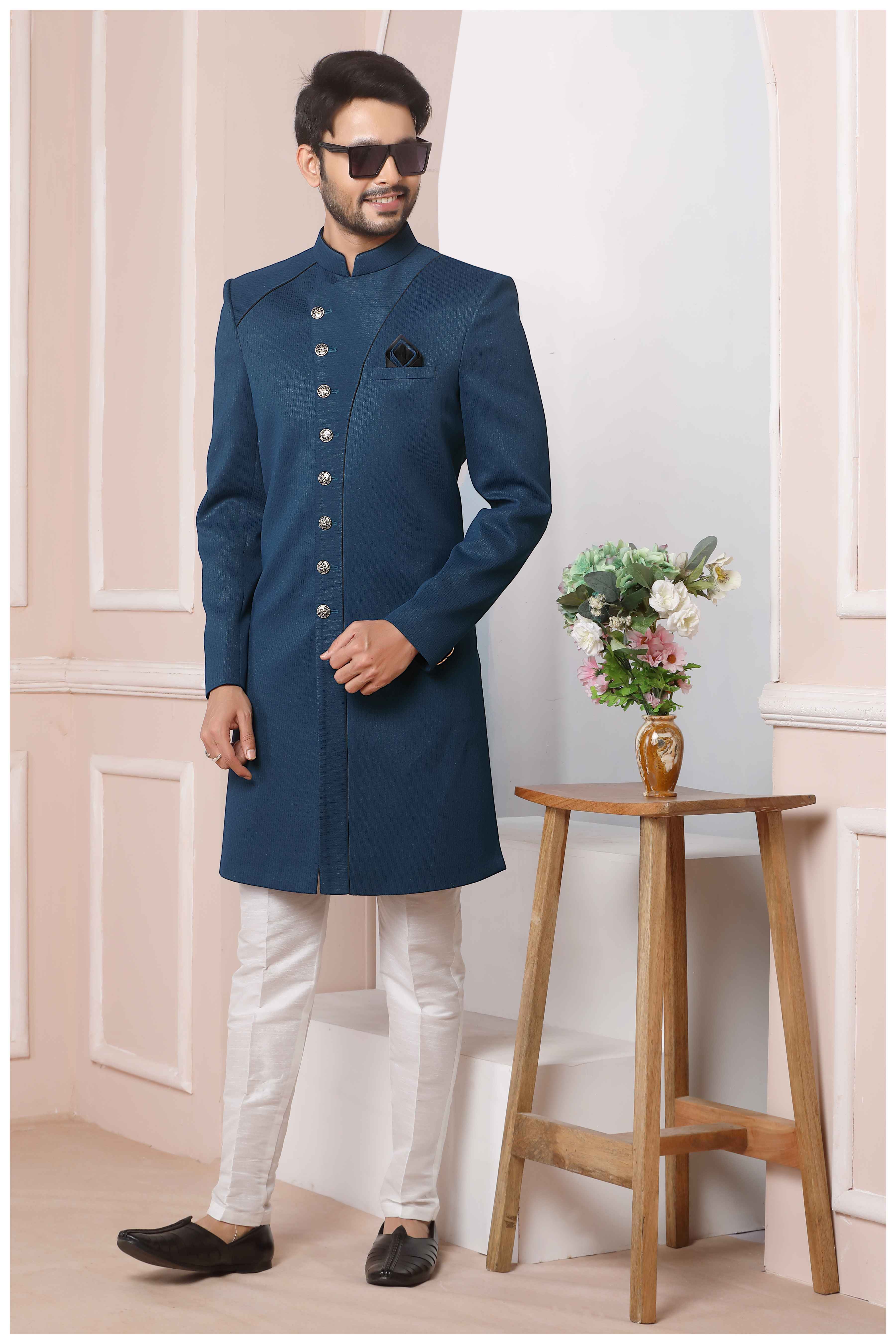 Raivat Ethnic Jacquard Silk Thread Work Indo Western In Blue Colour
