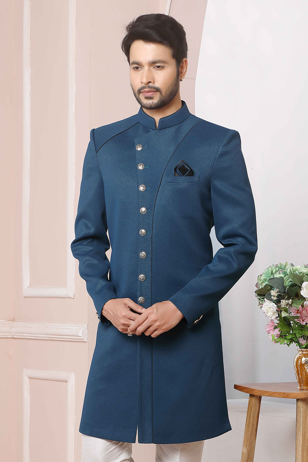 Raivat Ethnic Jacquard Silk Thread Work Indo Western In Blue Colour