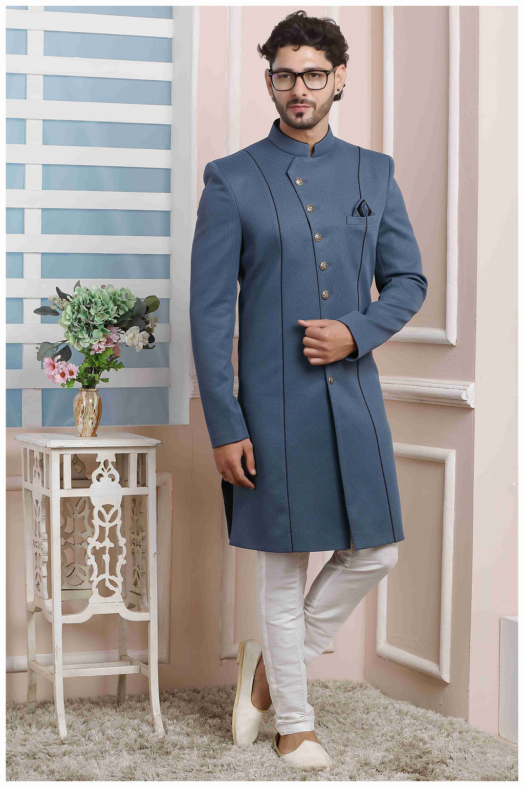Raivat Ethnic Jacquard Silk Thread Work Indo Western In Grey Colour