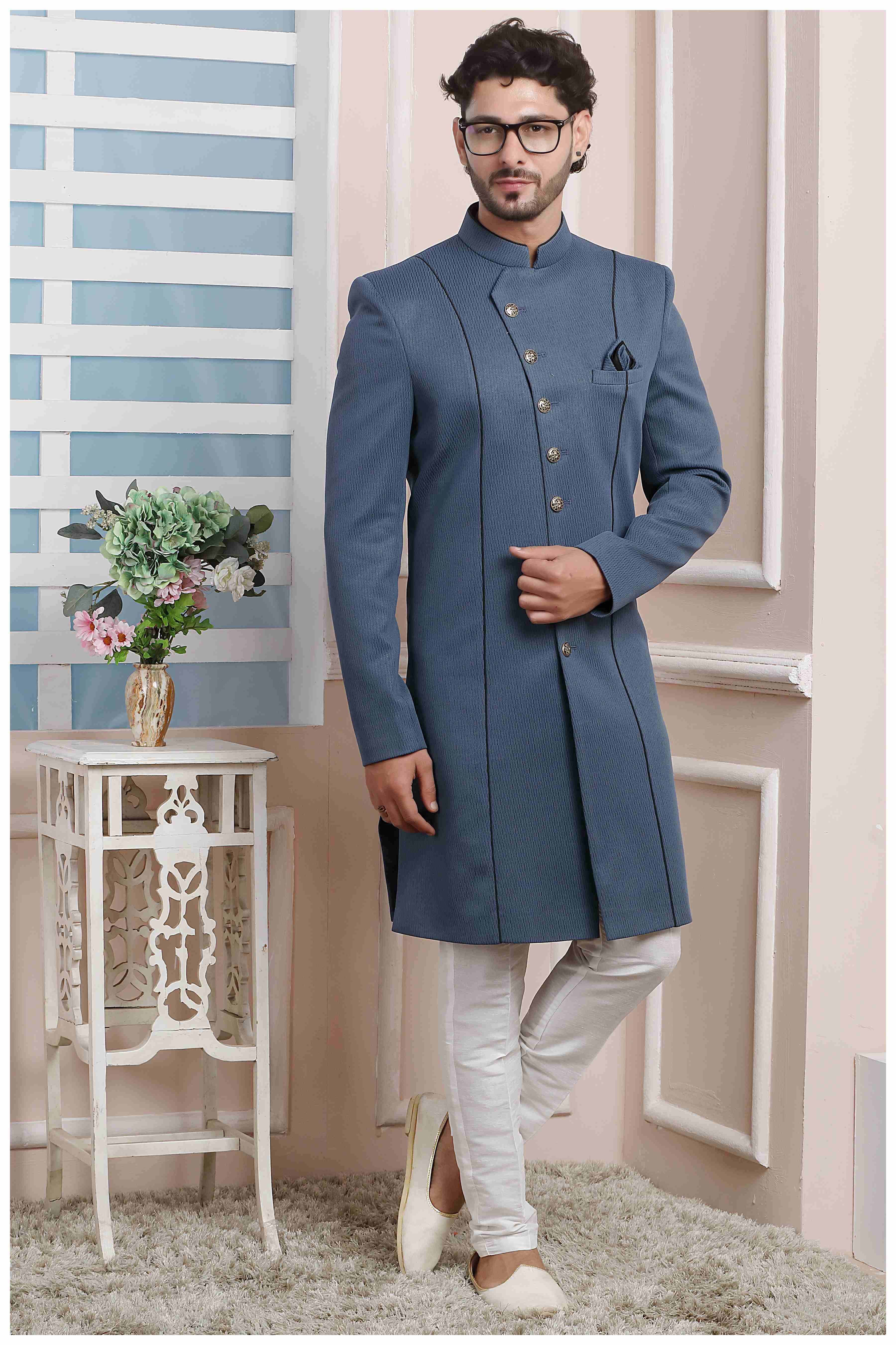 Raivat Ethnic Jacquard Silk Thread Work Indo Western In Grey Colour