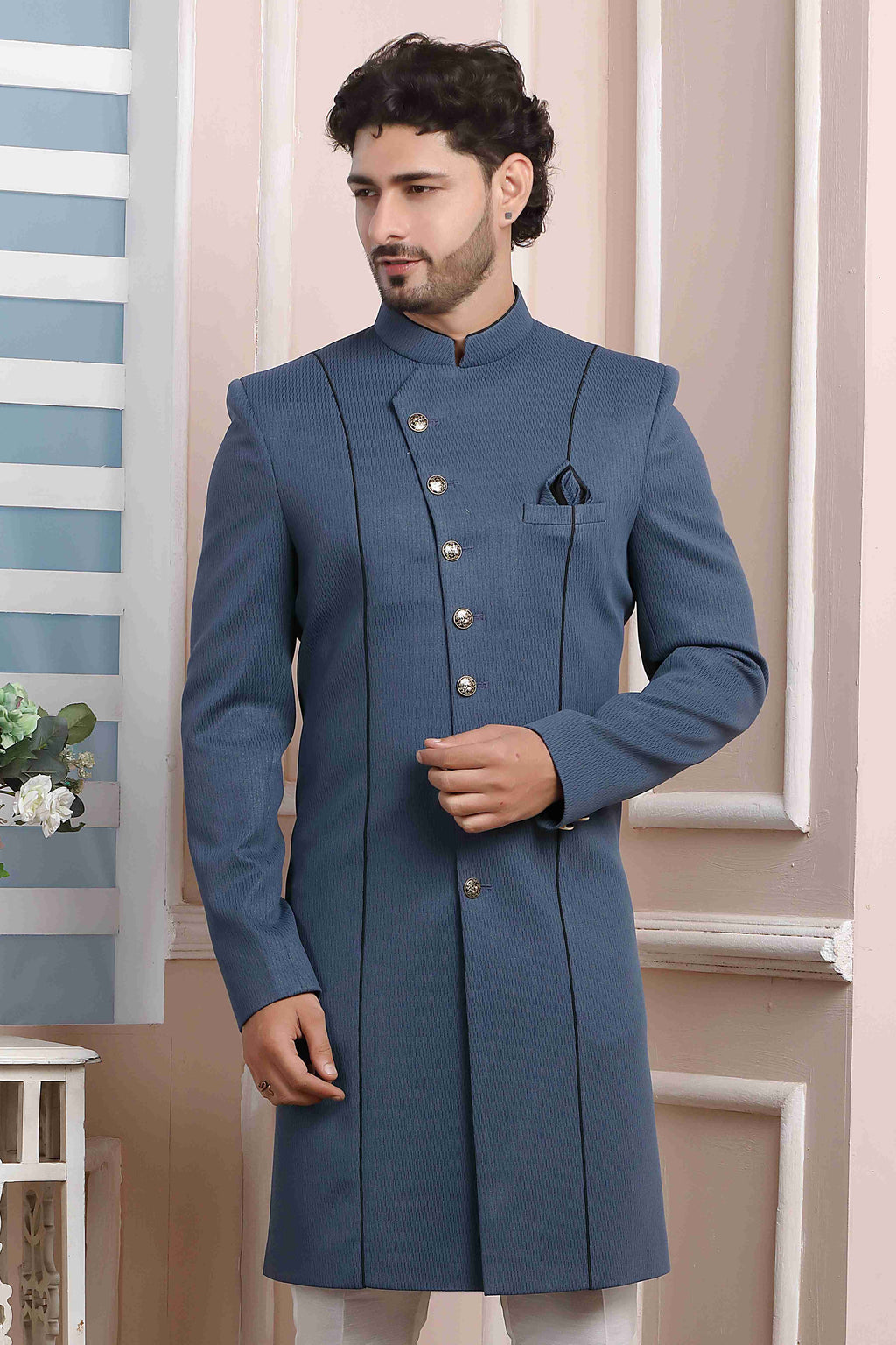 Raivat Ethnic Jacquard Silk Thread Work Indo Western In Grey Colour