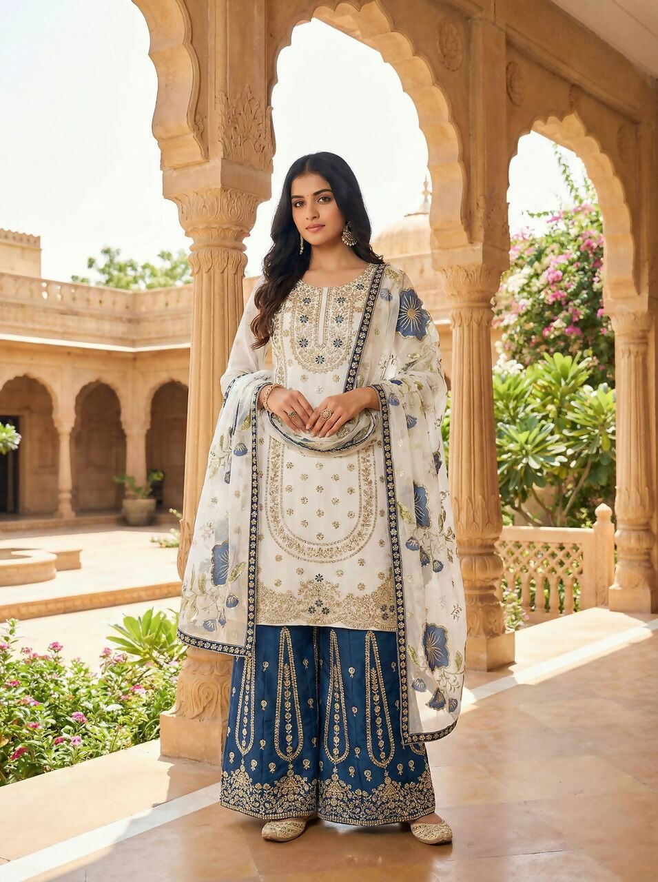 Teeya Creation Blue Gimmy Silk Designer Embroidery Work Wedding Wear Palazzo Pair
