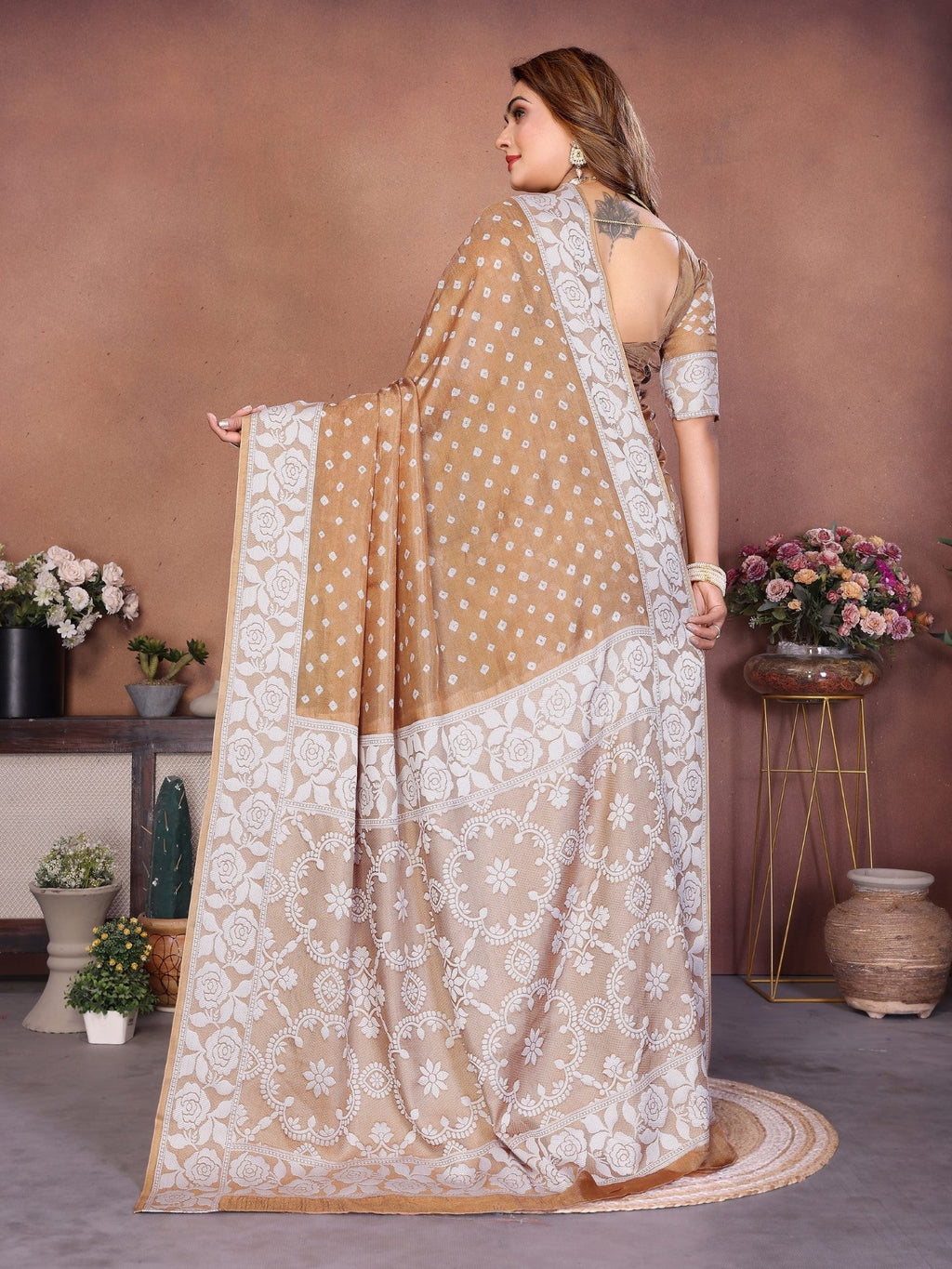 Anaita Cream Handmade Bandhej Viscose Silk Saree With Blouse