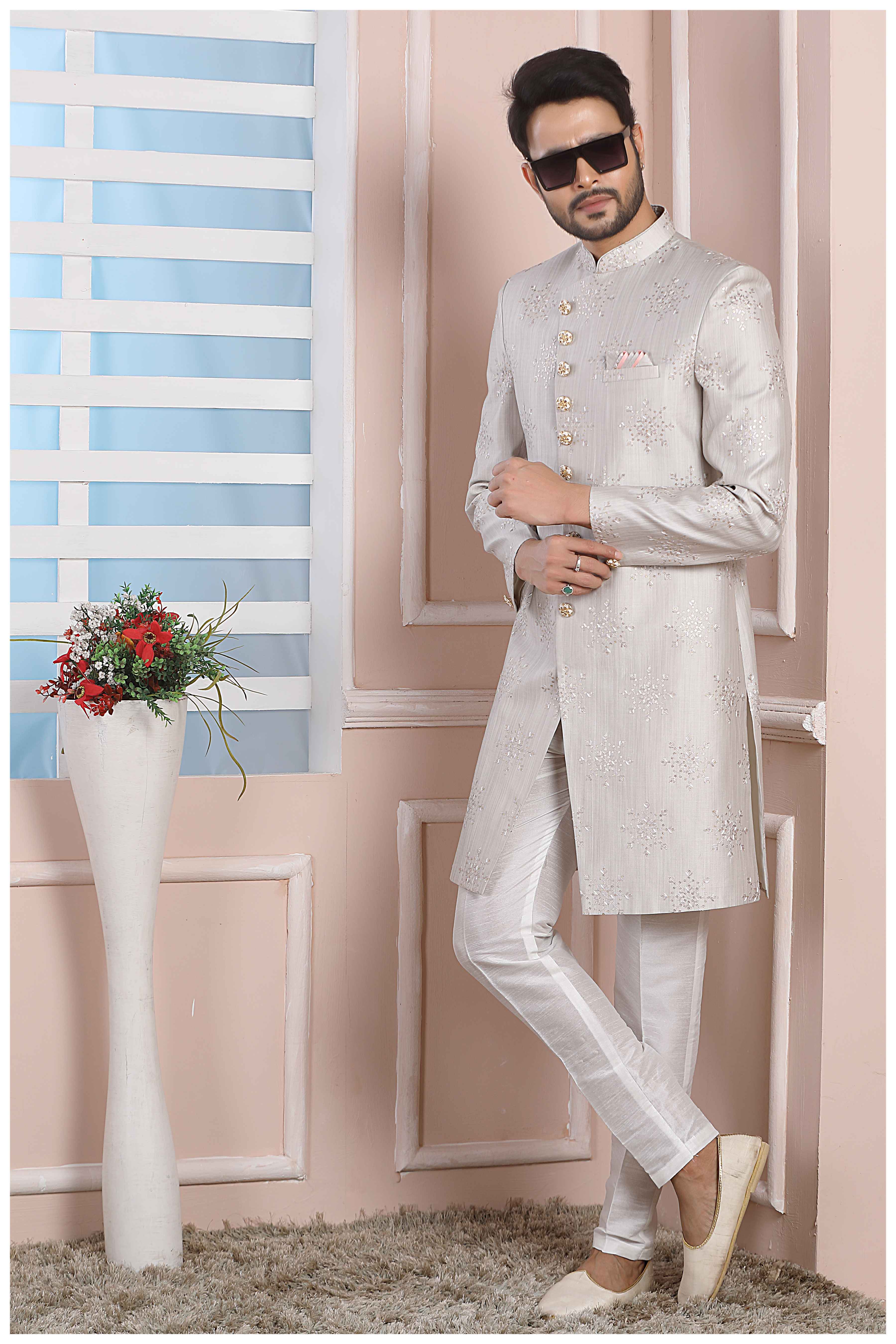 Raivat Ethnic Art Silk Thread Work Indo Western In Light Grey Colour
