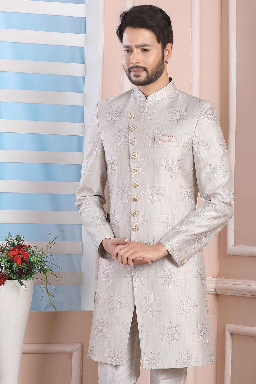 Raivat Ethnic Art Silk Thread Work Indo Western In Light Grey Colour