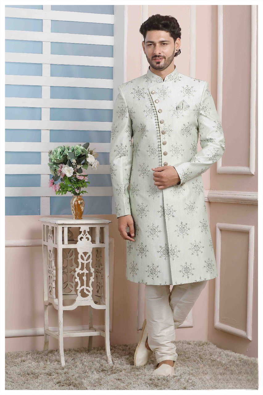 Raivat Ethnic Art Silk Thread Work Indo Western In Pista Green Colour
