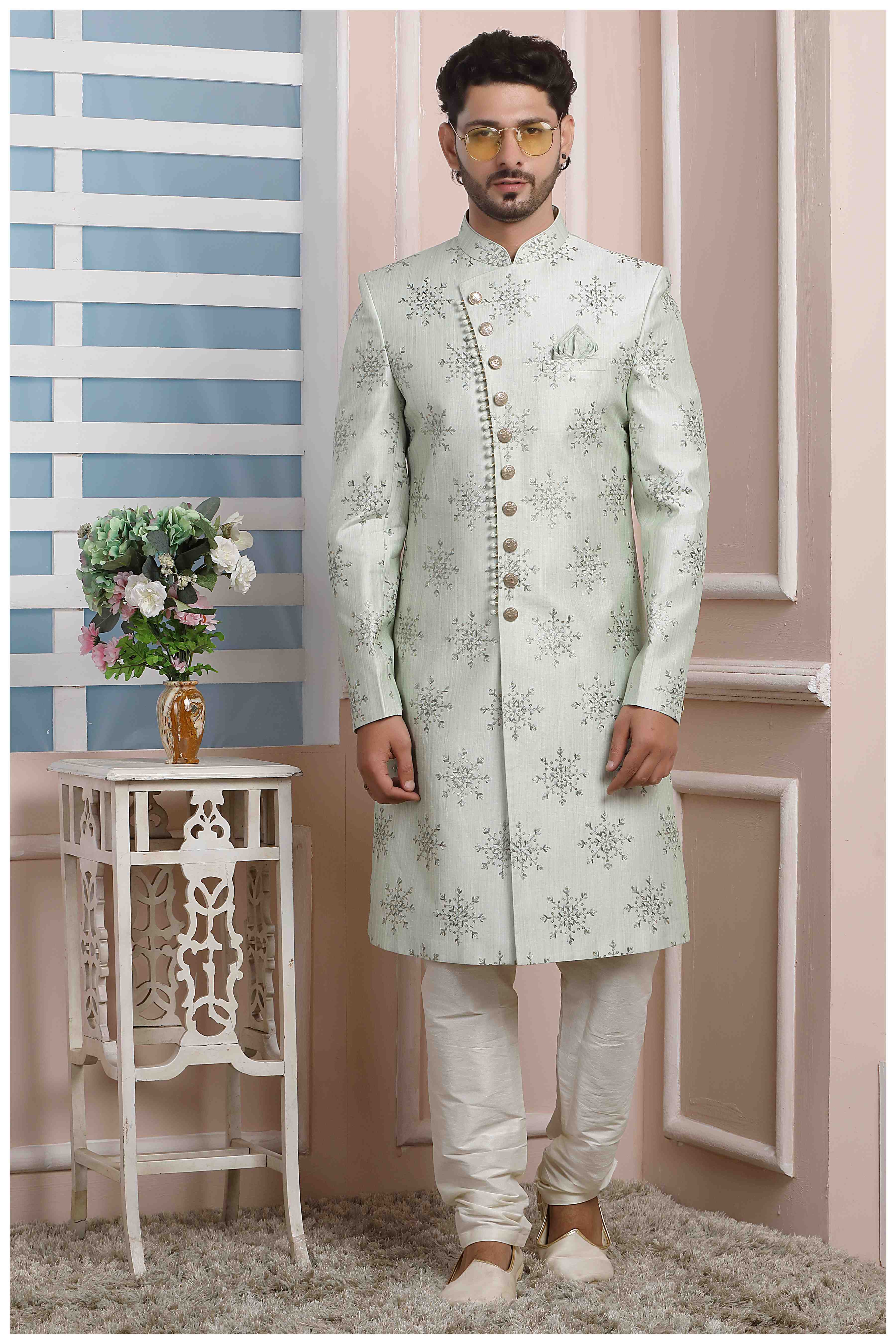 Raivat Ethnic Art Silk Thread Work Indo Western In Pista Green Colour