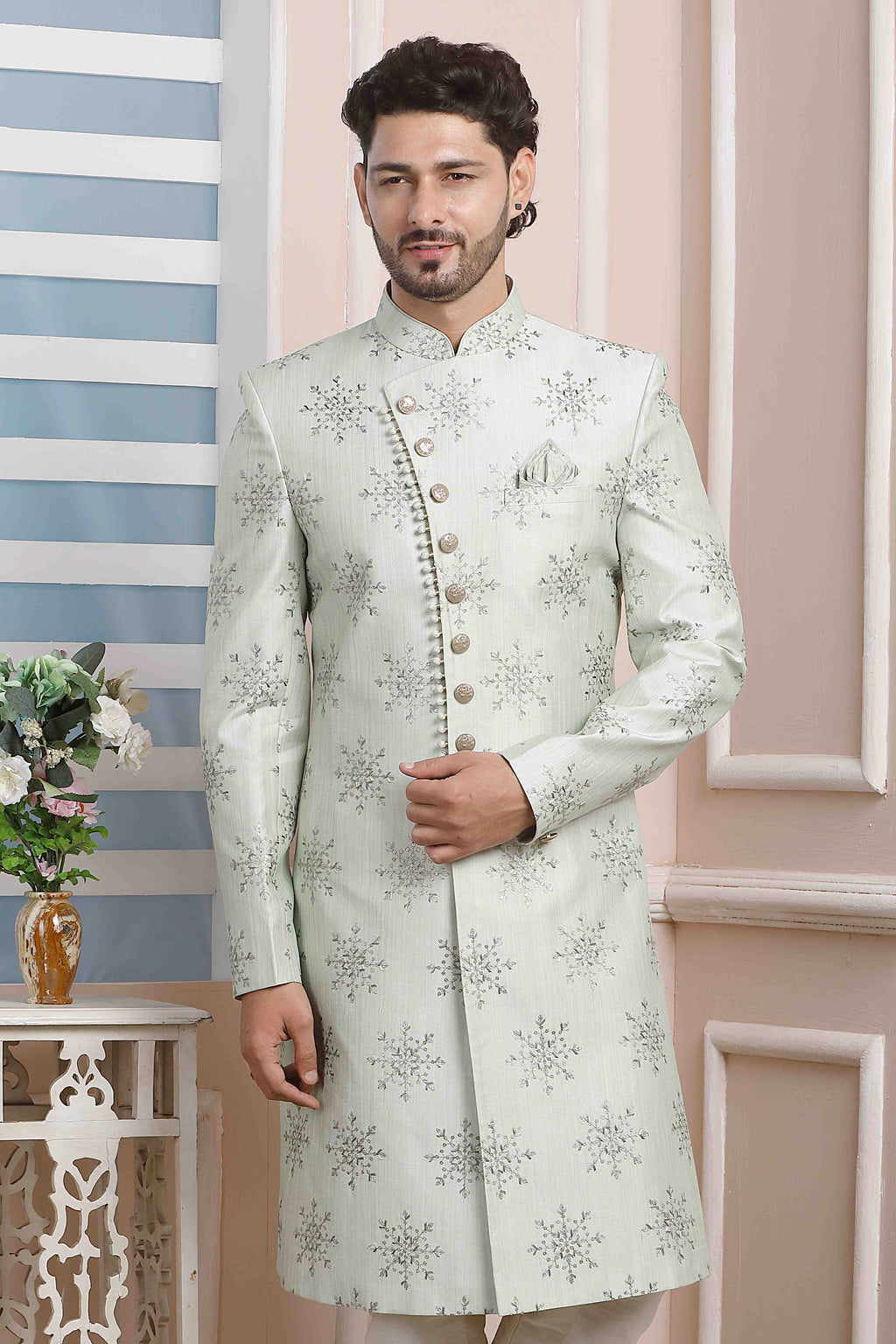 Raivat Ethnic Art Silk Thread Work Indo Western In Pista Green Colour