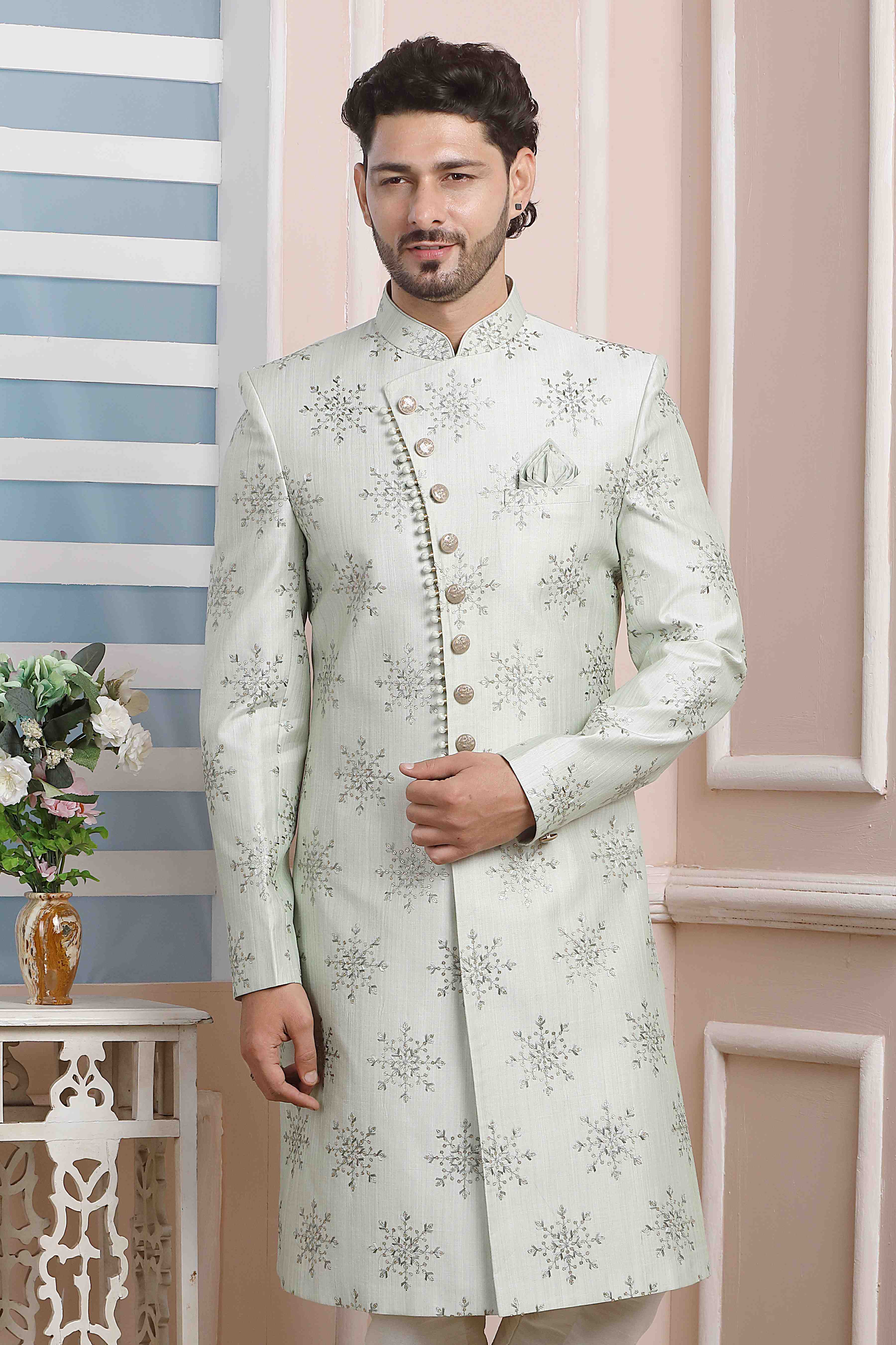 Raivat Ethnic Art Silk Thread Work Indo Western In Pista Green Colour