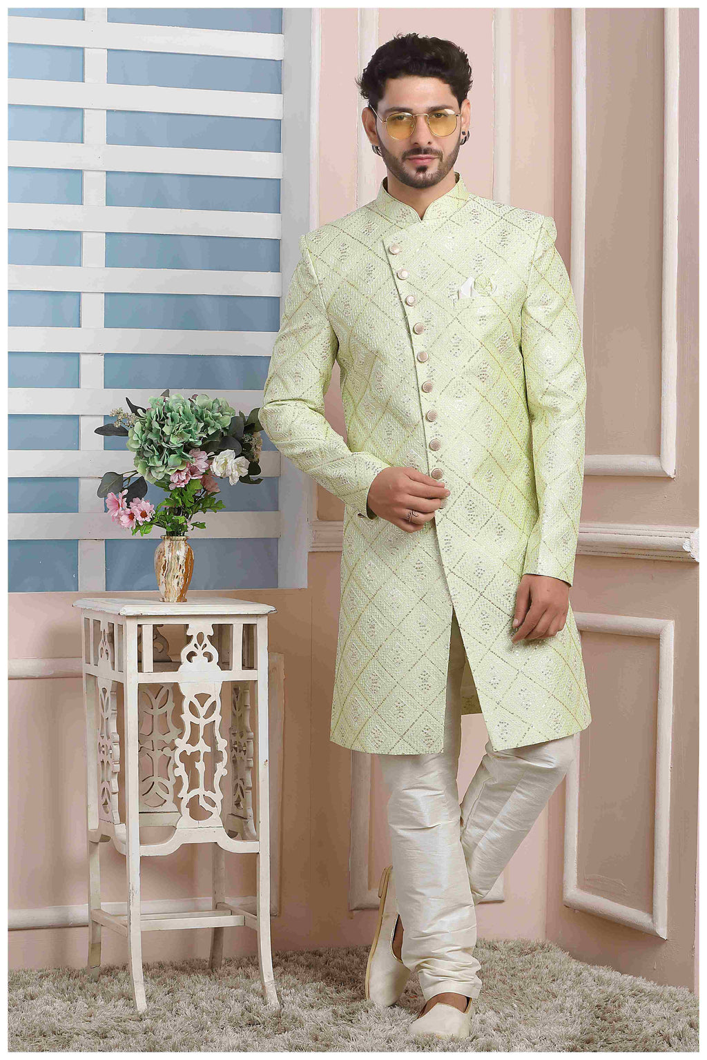 Raivat Ethnic Art Silk Thread Work Indo Western In Pista Green Colour
