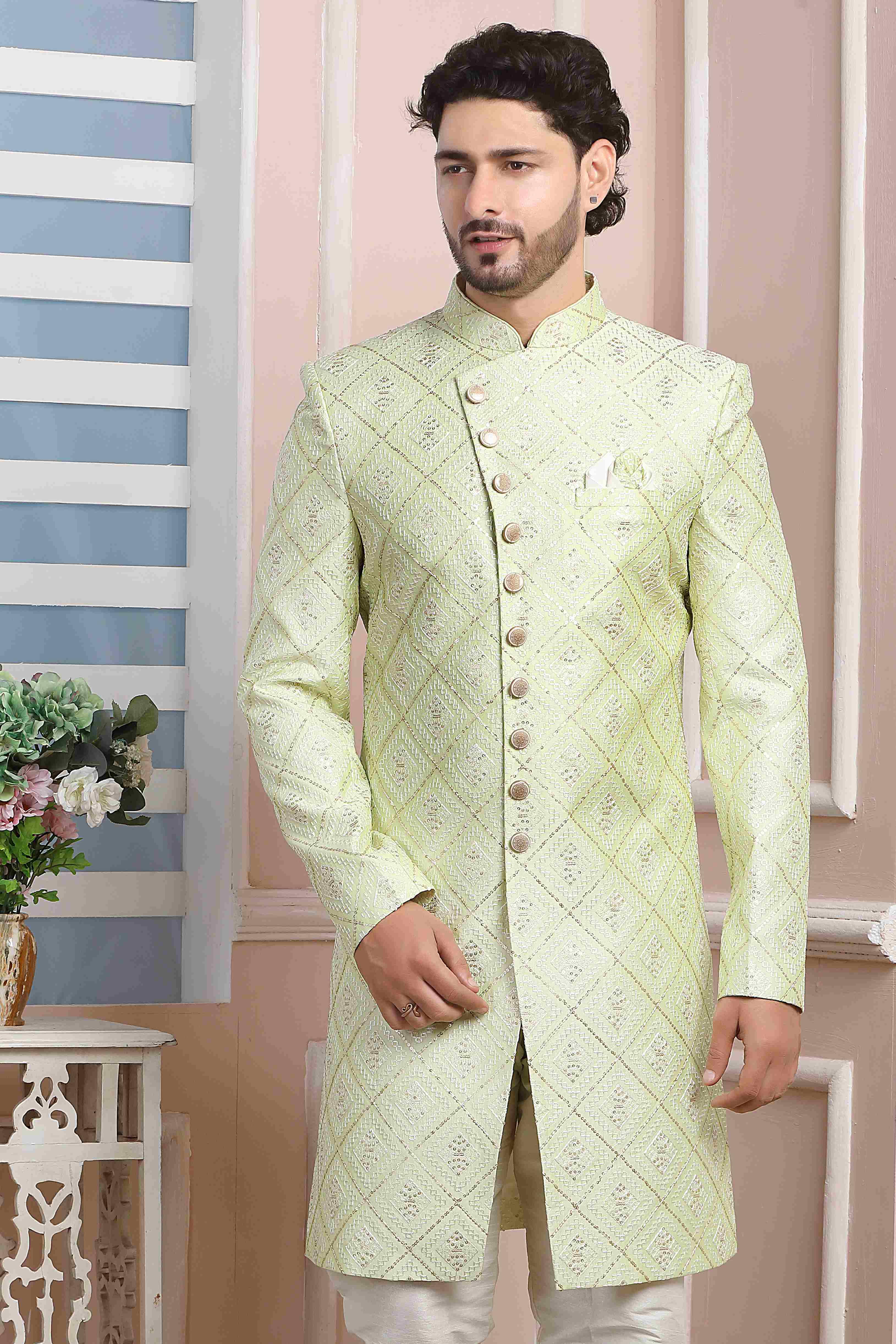 Raivat Ethnic Art Silk Thread Work Indo Western In Pista Green Colour