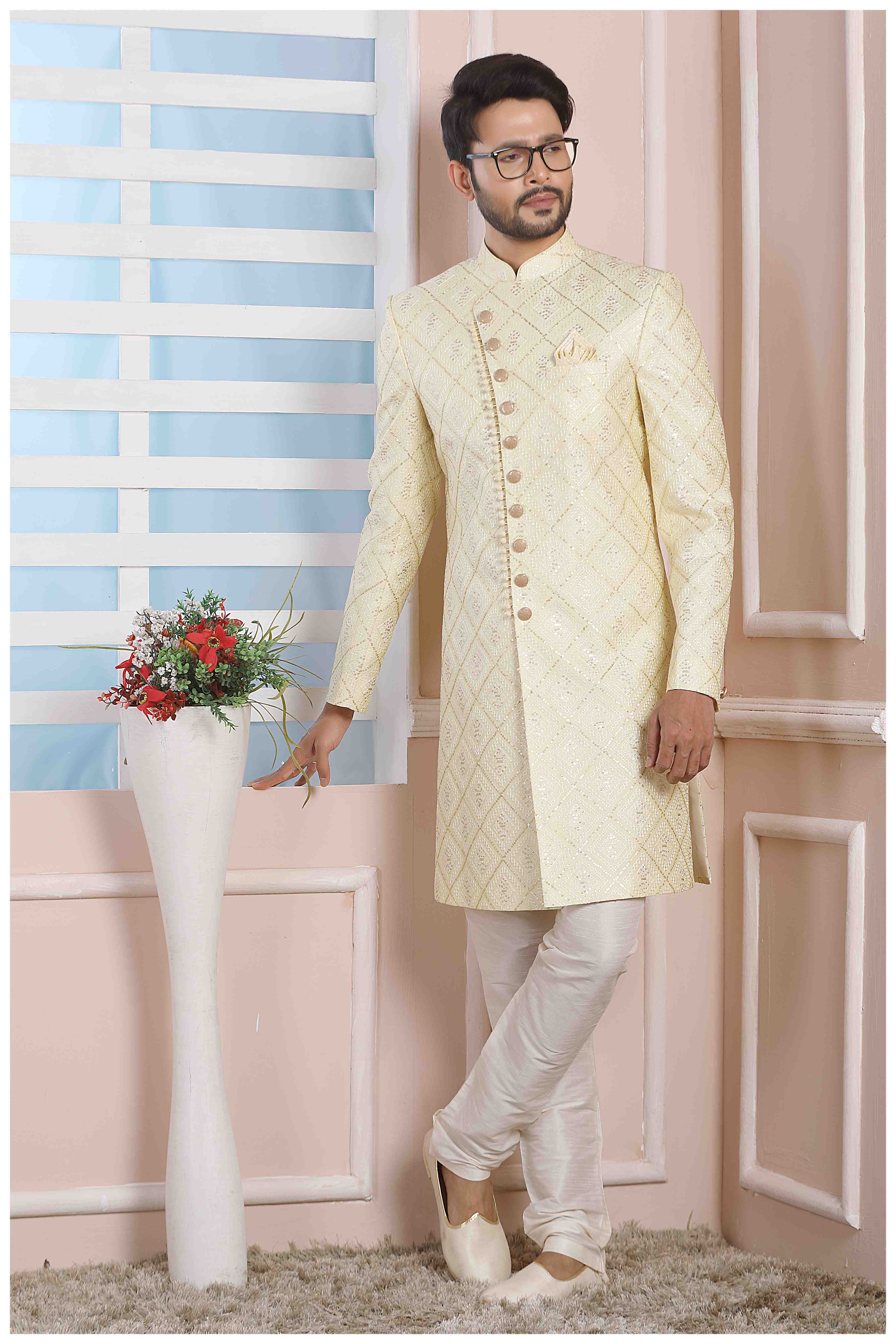 Raivat Ethnic Art Silk Thread Work Indo Western In Yellow Colour